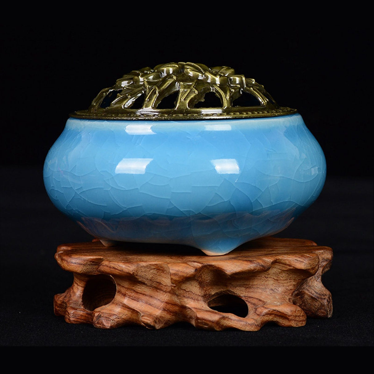 Sky Blue Ceramic Incense Burner Household Indoor Ice Cracked Incense Burner with Lid