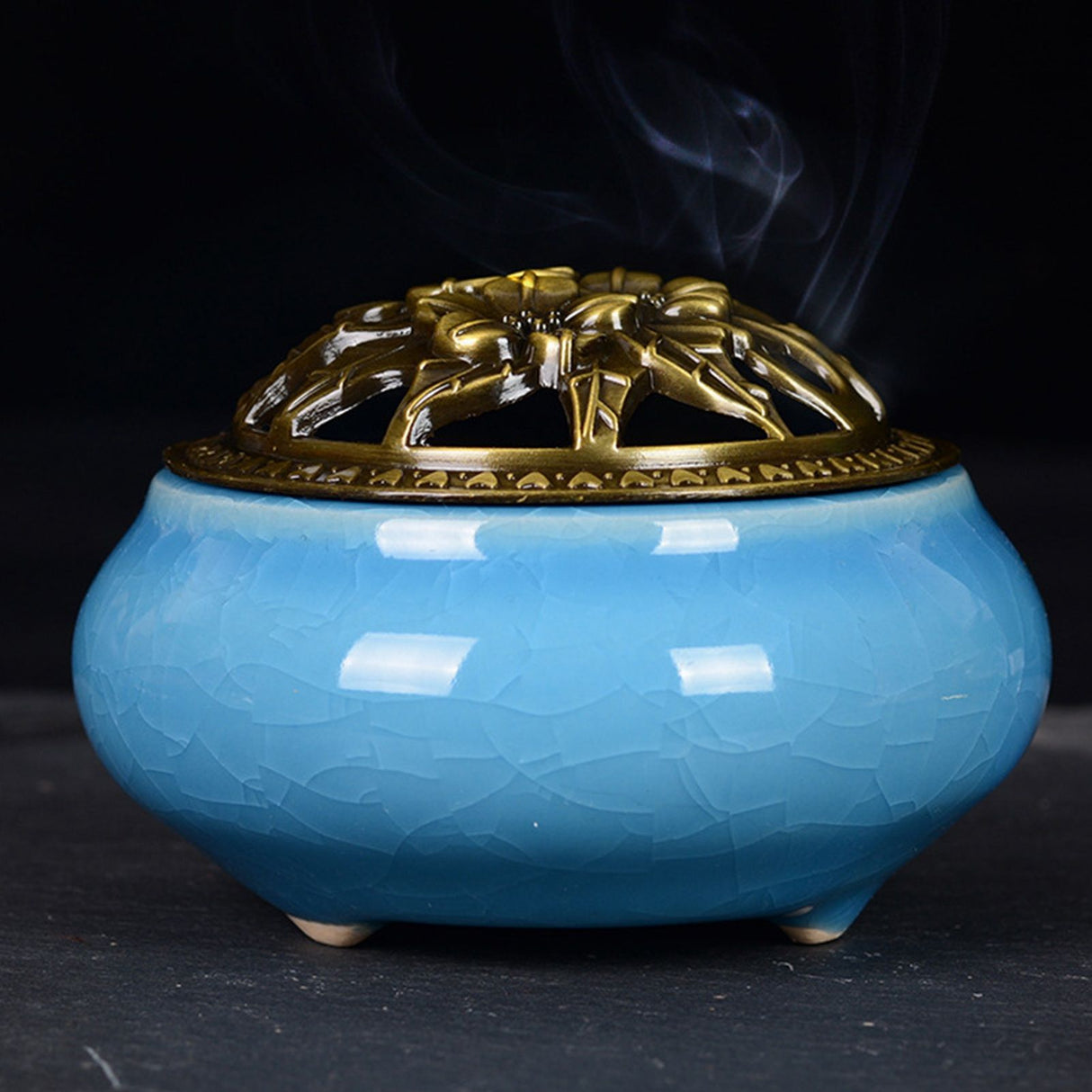 Sky Blue Ceramic Incense Burner Household Indoor Ice Cracked Incense Burner with Lid