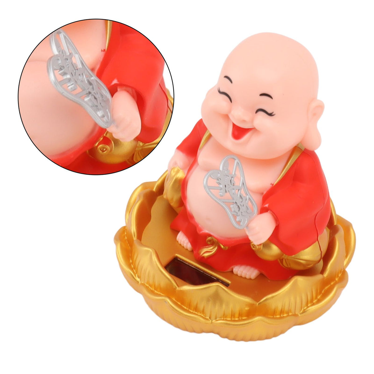 Solar Buddha Statue Solar Nodding Maitreya Car Ornament Decoration Shaking Head Toy for Wealth and Fortune Red Clothes