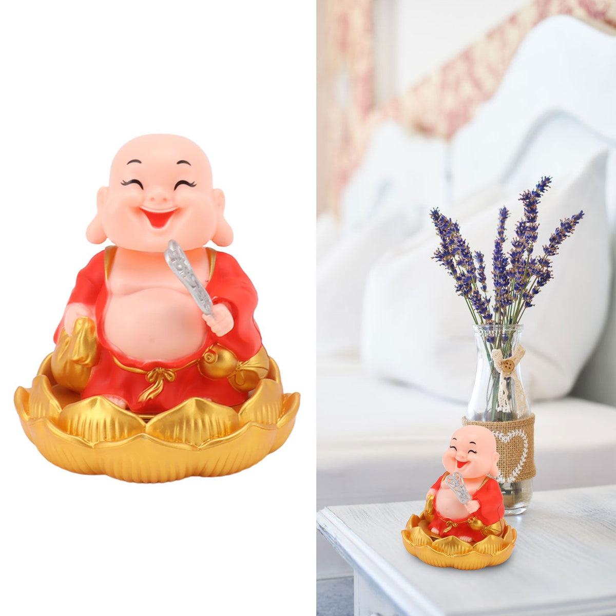 Solar Buddha Statue Solar Nodding Maitreya Car Ornament Decoration Shaking Head Toy for Wealth and Fortune Red Clothes