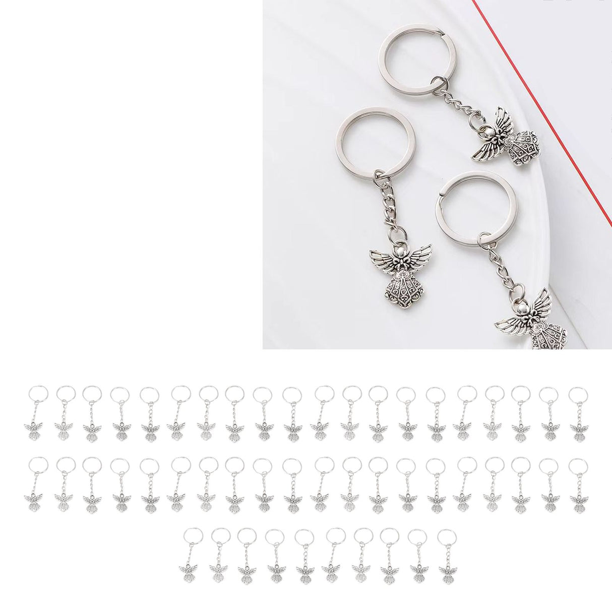 50 Pcs Angel Pendant Keychain Zinc Alloy Silver Vintage Exquisite Auspicious Meaning Guardian Angel Key Ring