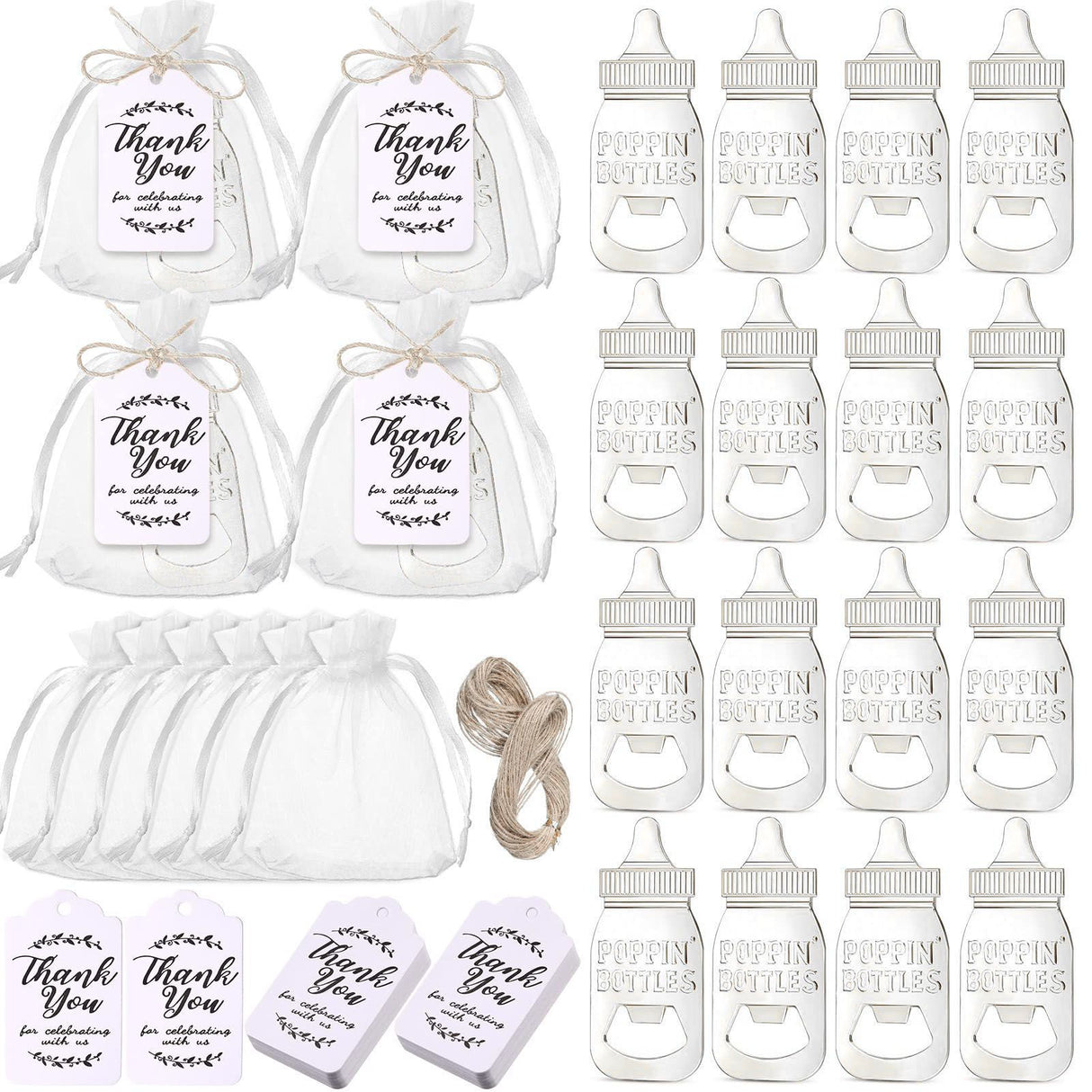 24 Set Baby Bottle Opener Zinc Alloy Cute Baby Bottle Shaped Bottle Opener Baby Shower Return Gift for Baby Shower Party Silver