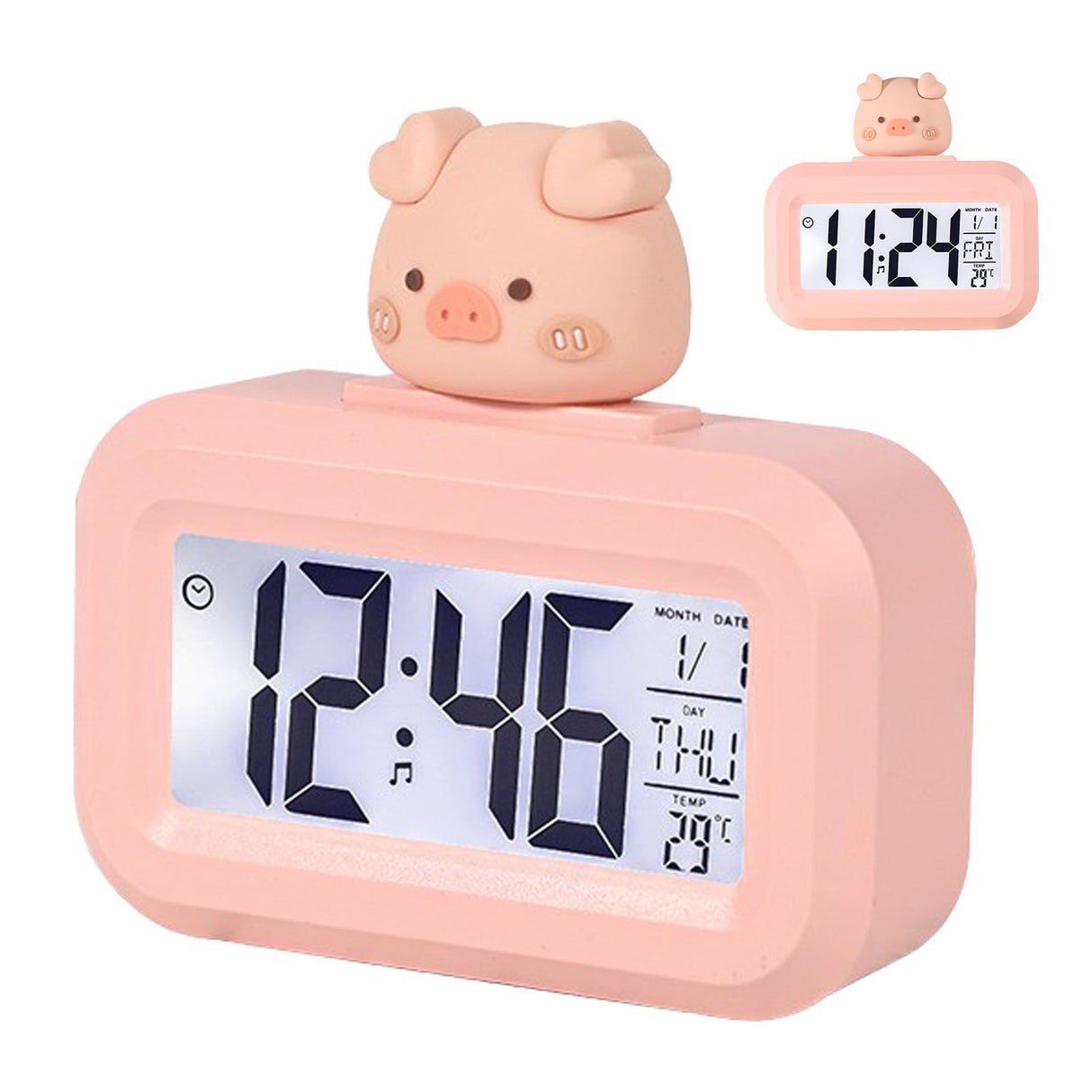 Electronic Clock Cute Cartoon LED Screen Desktop Electronic Alarm Data Time Calendar Temperature Clock Pink Piggy