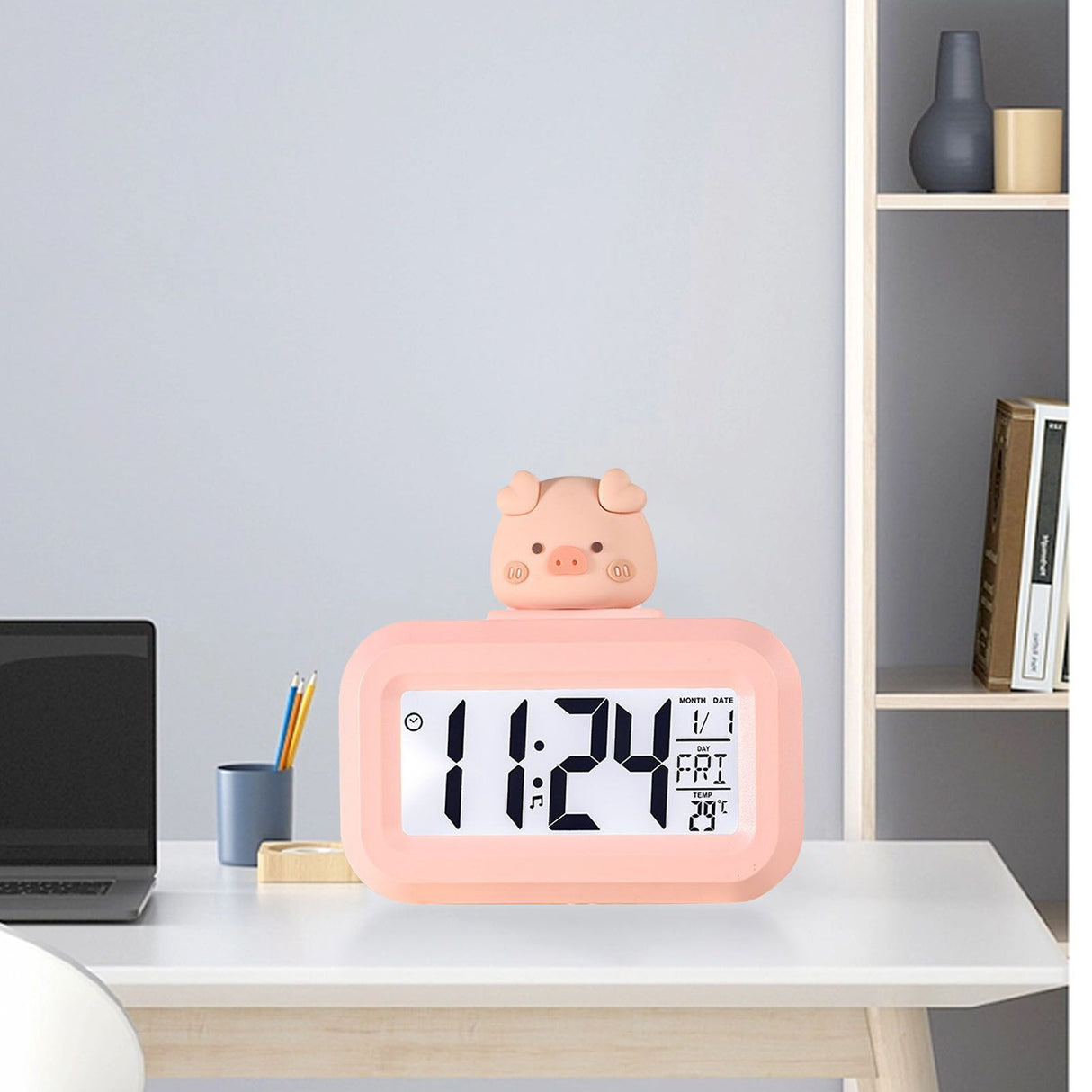 Electronic Clock Cute Cartoon LED Screen Desktop Electronic Alarm Data Time Calendar Temperature Clock Pink Piggy