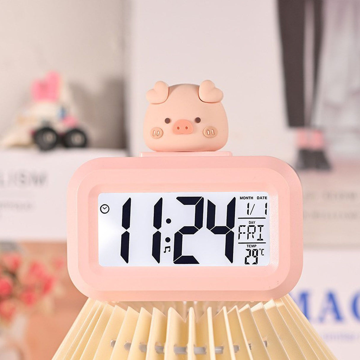 Electronic Clock Cute Cartoon LED Screen Desktop Electronic Alarm Data Time Calendar Temperature Clock Pink Piggy