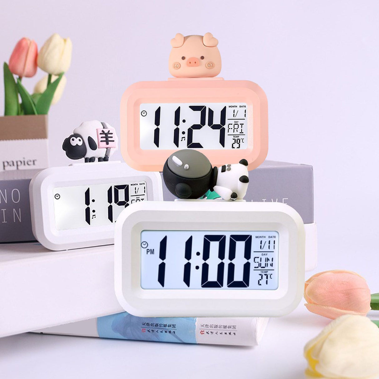 Electronic Clock Cute Cartoon LED Screen Desktop Electronic Alarm Data Time Calendar Temperature Clock Pink Piggy