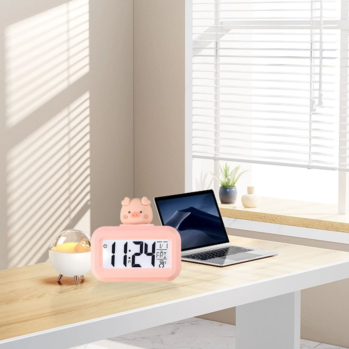 Electronic Clock Cute Cartoon LED Screen Desktop Electronic Alarm Data Time Calendar Temperature Clock Pink Piggy
