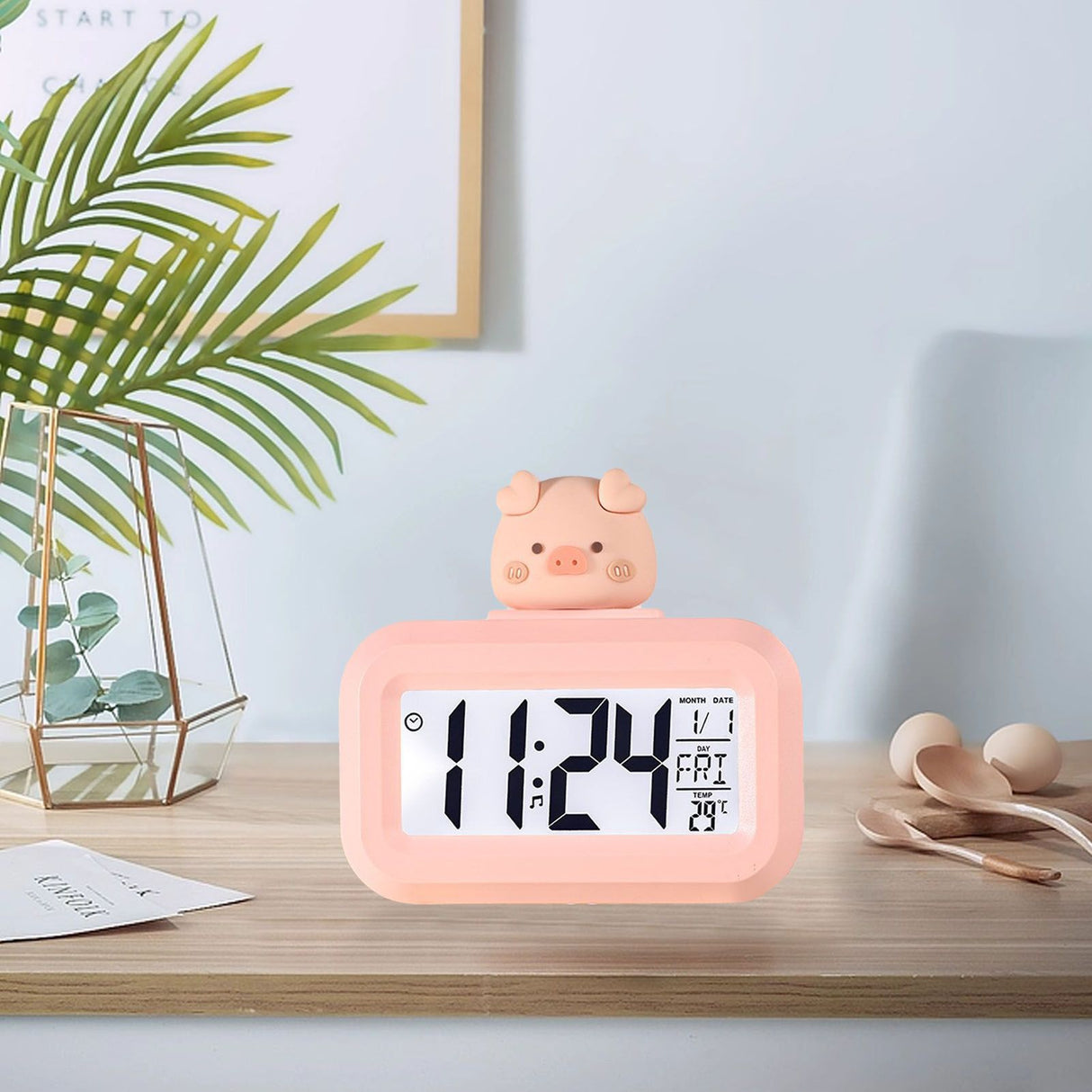 Electronic Clock Cute Cartoon LED Screen Desktop Electronic Alarm Data Time Calendar Temperature Clock Pink Piggy