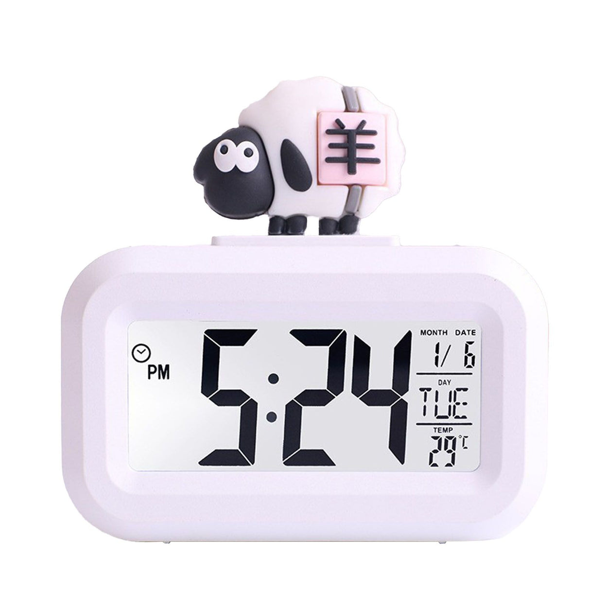 Electronic Clock Cute Cartoon LED Screen Desktop Electronic Alarm Data Time Calendar Temperature Clock White Sheep