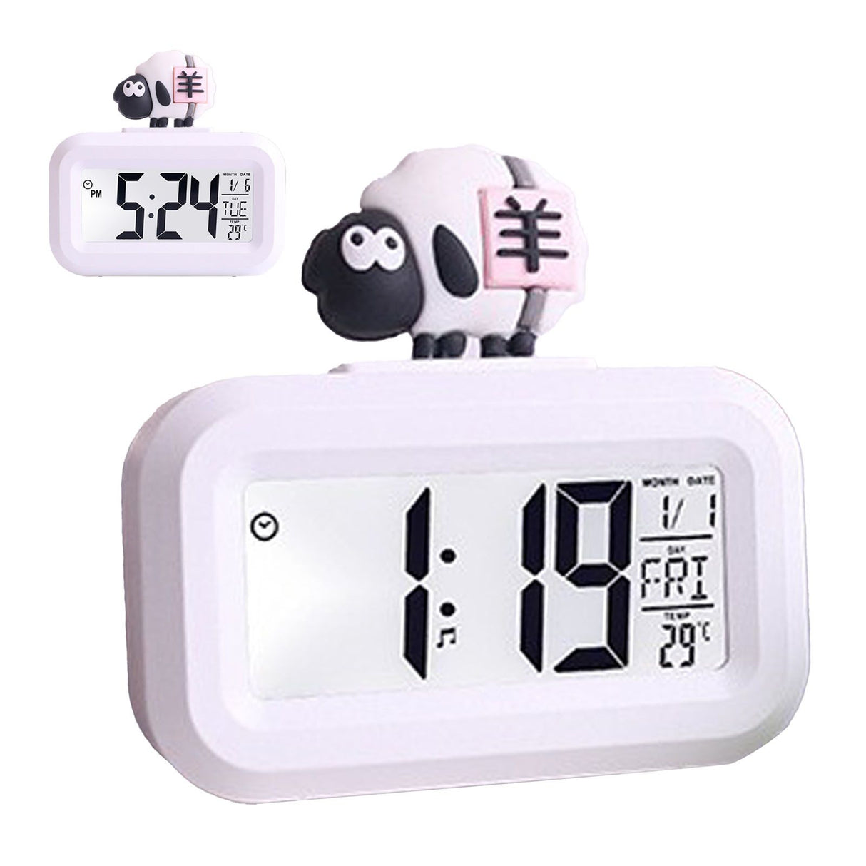 Electronic Clock Cute Cartoon LED Screen Desktop Electronic Alarm Data Time Calendar Temperature Clock White Sheep
