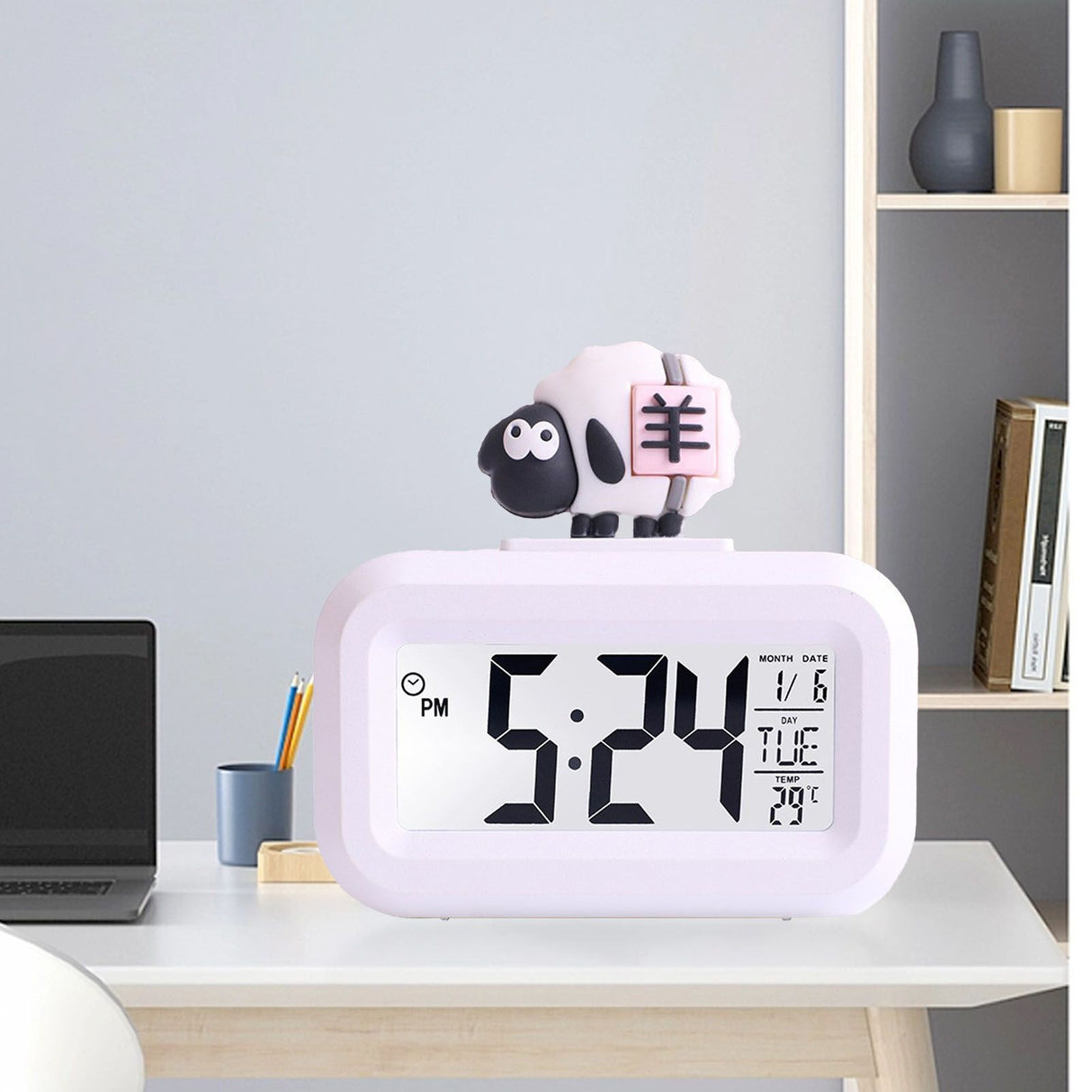 Electronic Clock Cute Cartoon LED Screen Desktop Electronic Alarm Data Time Calendar Temperature Clock White Sheep