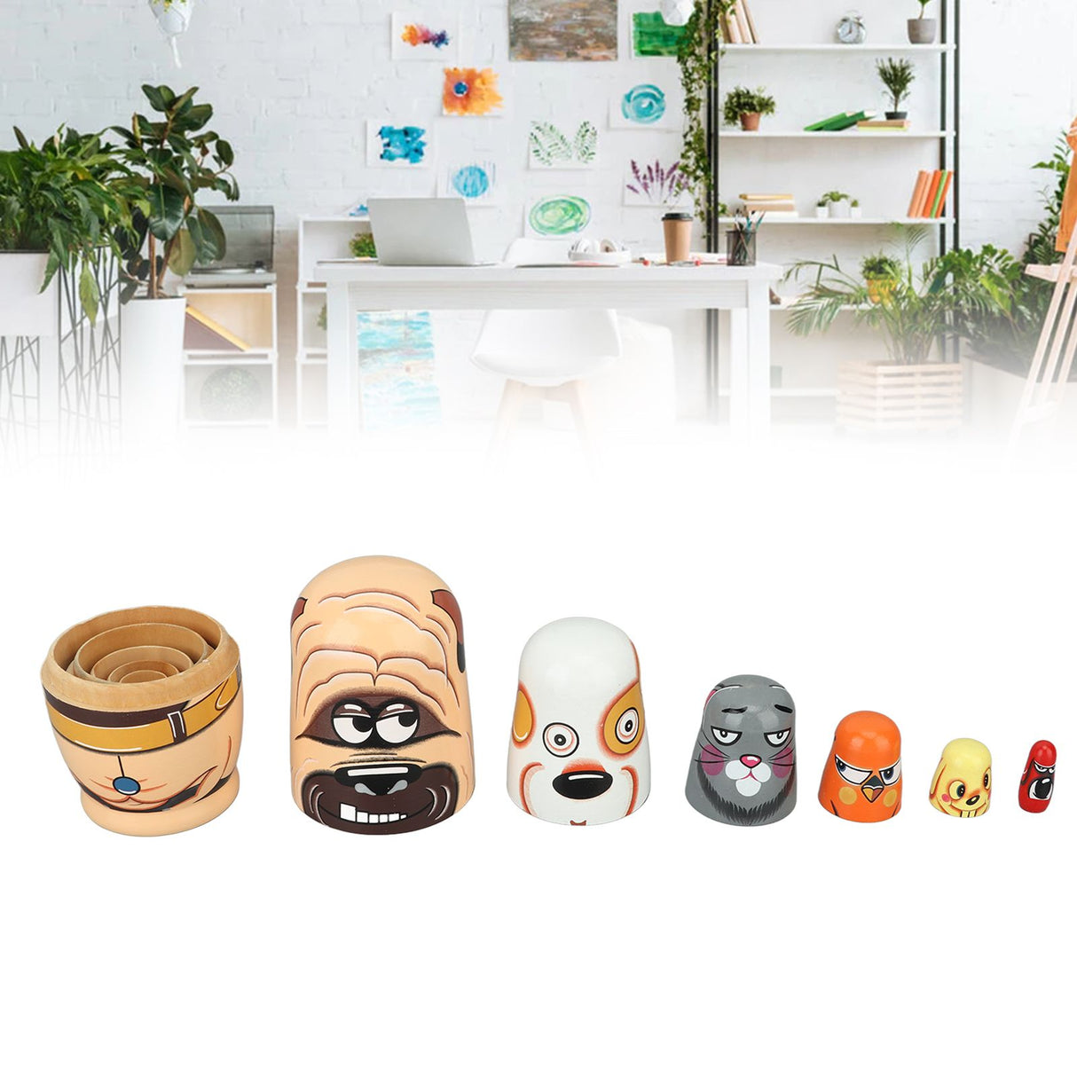 6PCS Dog Nesting Dolls Wooden Handmade Decorative Russian Nesting Doll Toy for Kids Christmas Birthday Wishing Gift