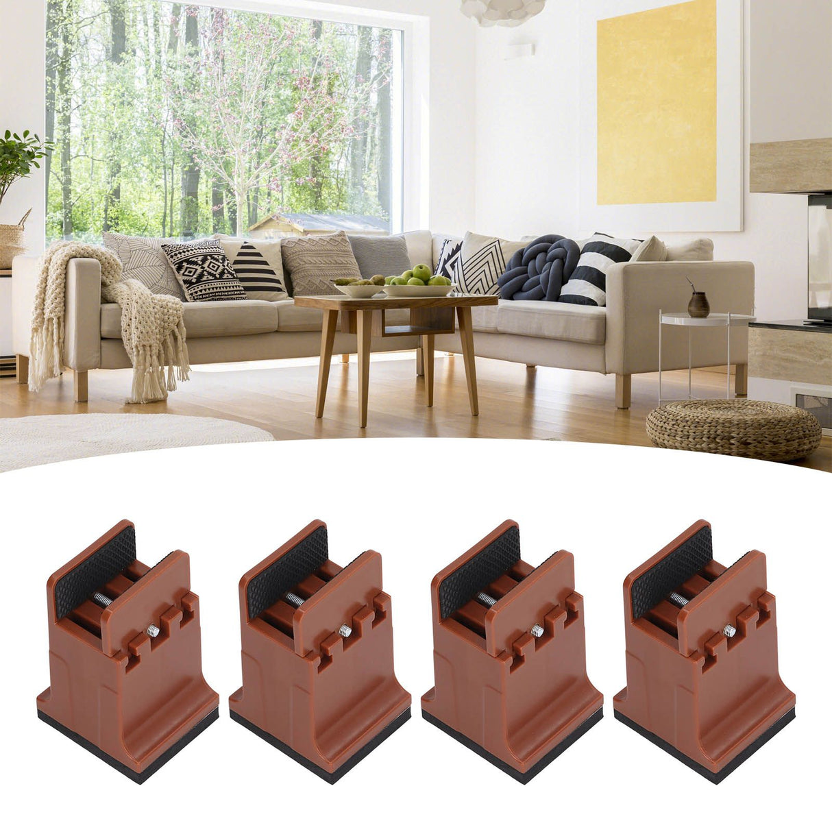 4pcs Adjustable Furniture Risers with Screw Clamp Rubber Bed Couch Risers for Heavy Duty Furniture Brown