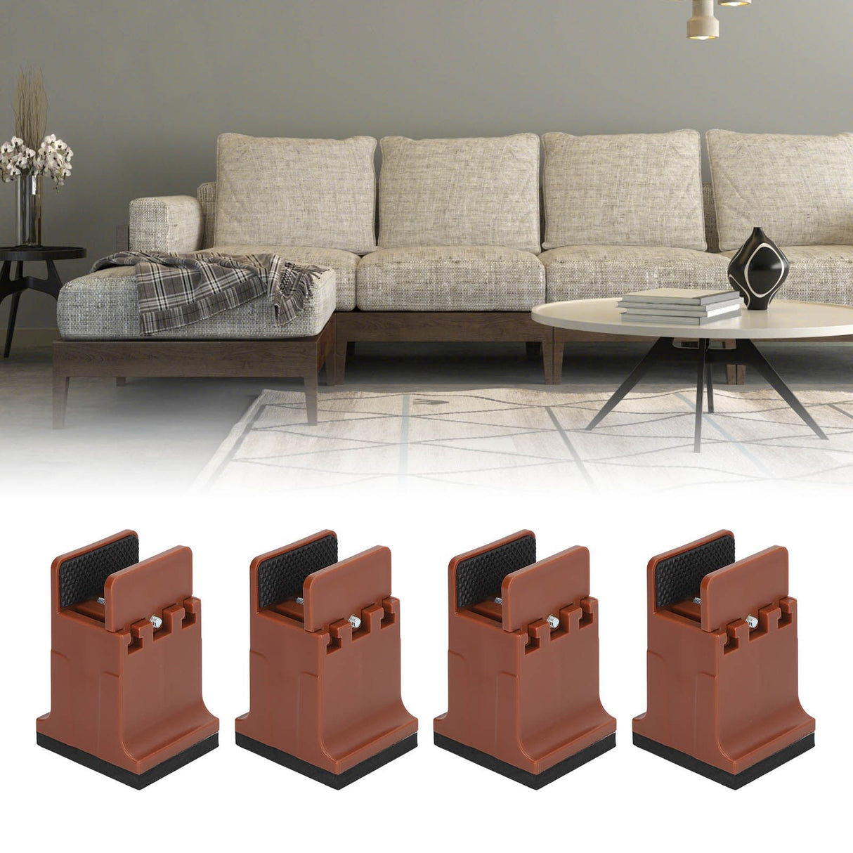 4pcs Adjustable Furniture Risers with Screw Clamp Rubber Bed Couch Risers for Heavy Duty Furniture Brown