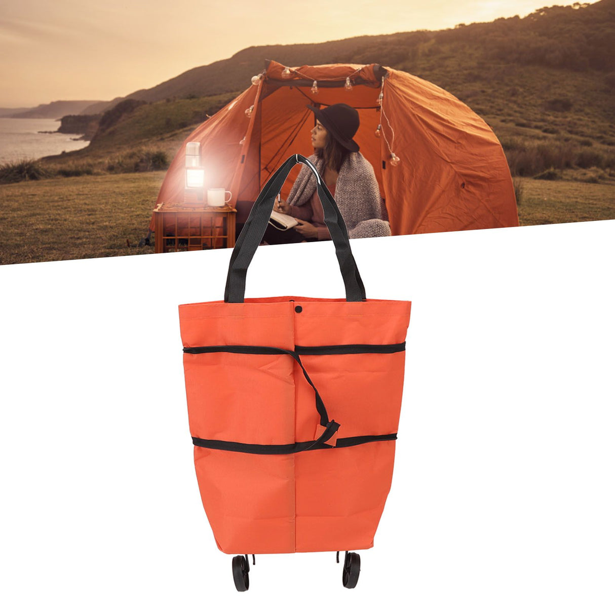 Shopping Cart Foldable Bag Large Capacity Zipper Design Oxford Cloth with Wheel for Camping Orange