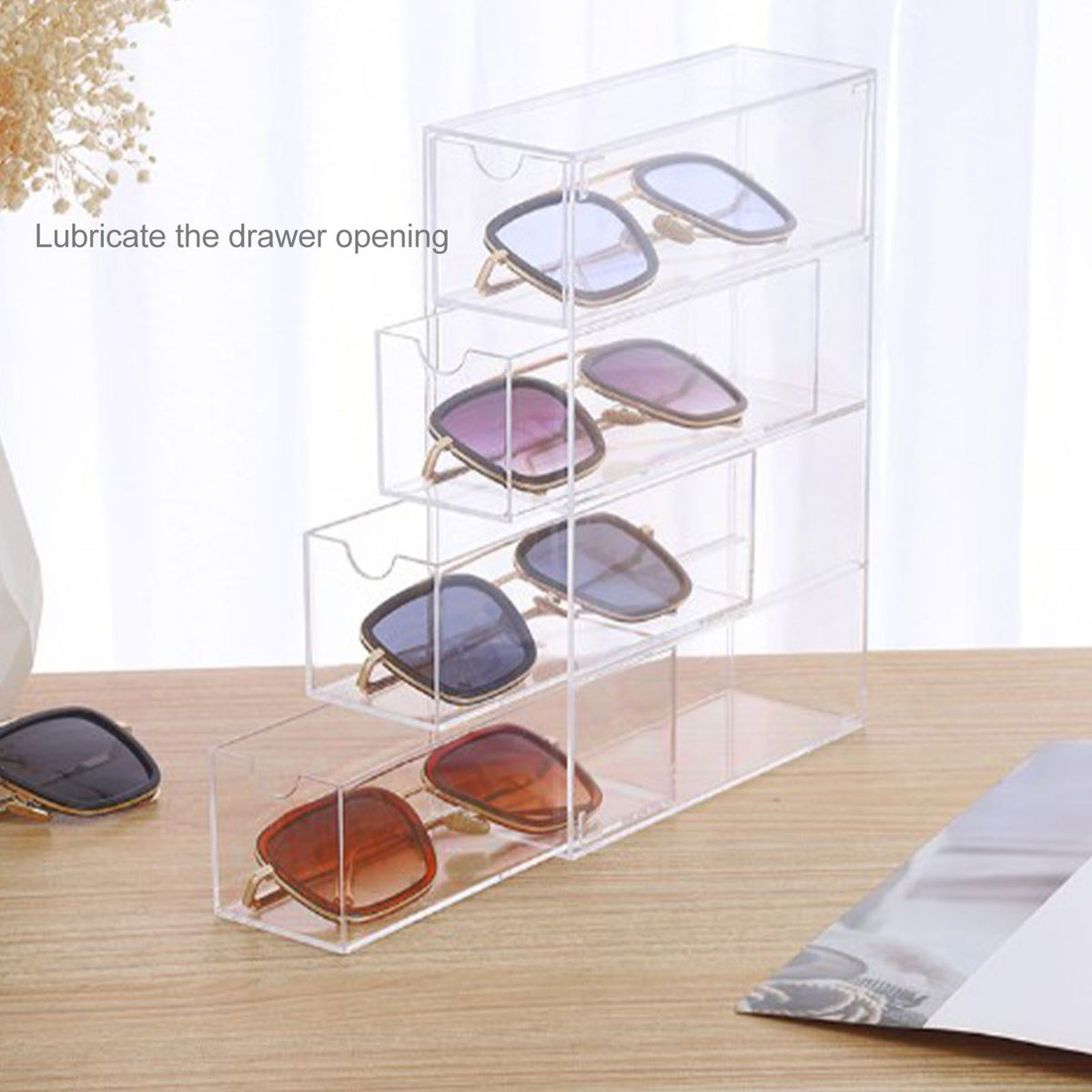 4 Drawers Eyeglass Storage Organizer Box Clear Acrylic Stackable Sunglasses Display Holder Organizer for Makeup Office Items