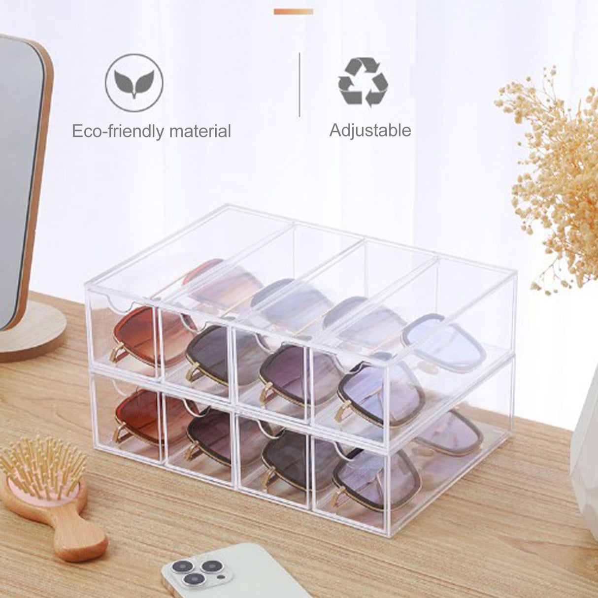 4 Drawers Eyeglass Storage Organizer Box Clear Acrylic Stackable Sunglasses Display Holder Organizer for Makeup Office Items