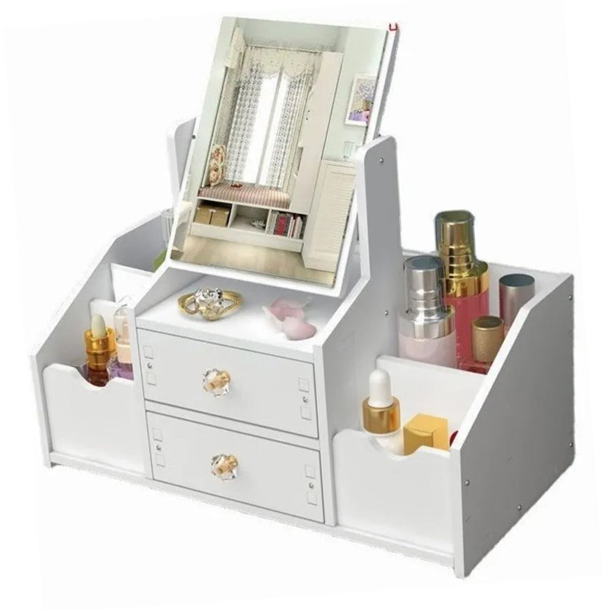 Cosmetic Storage Drawer Large Capacity Plastic Drawer Stationery Container with Mirror White