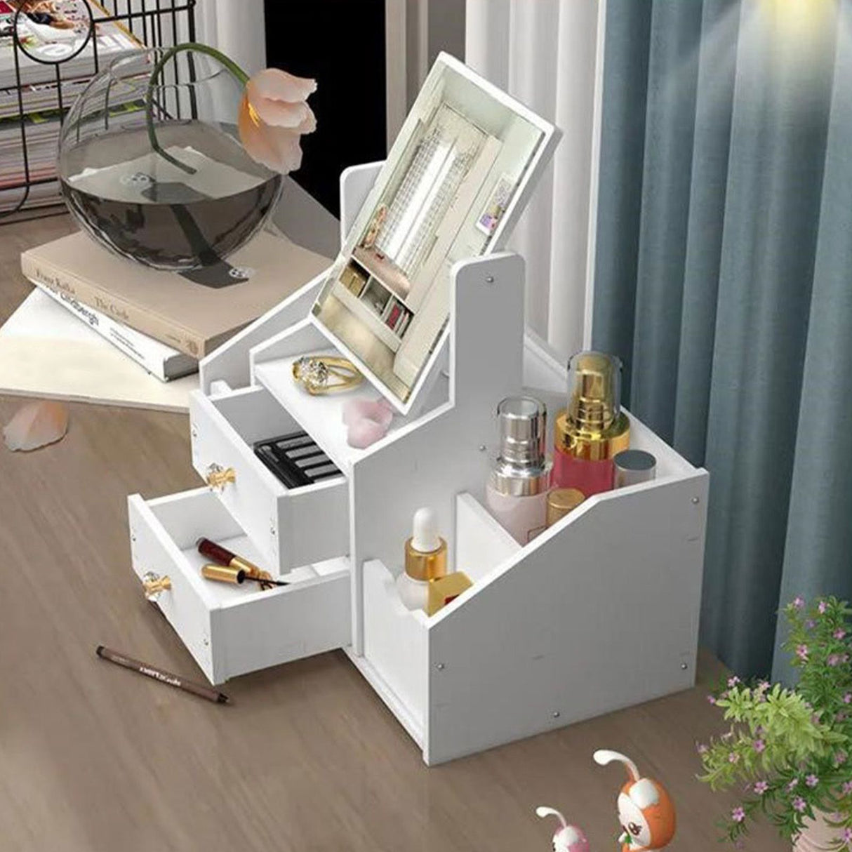 Cosmetic Storage Drawer Large Capacity Plastic Drawer Stationery Container with Mirror White