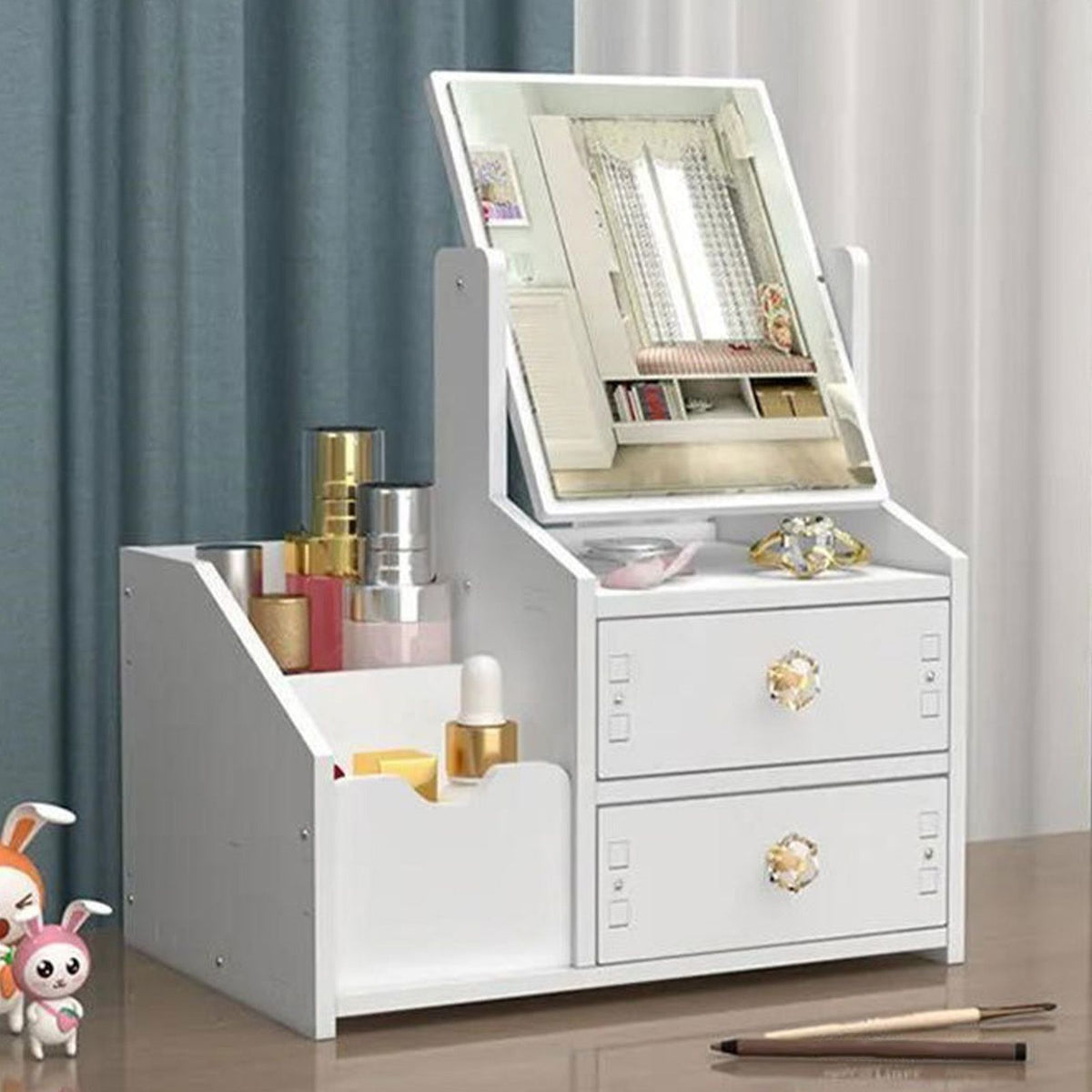 Cosmetic Storage Drawer Large Capacity Plastic Drawer Stationery Container with Mirror White