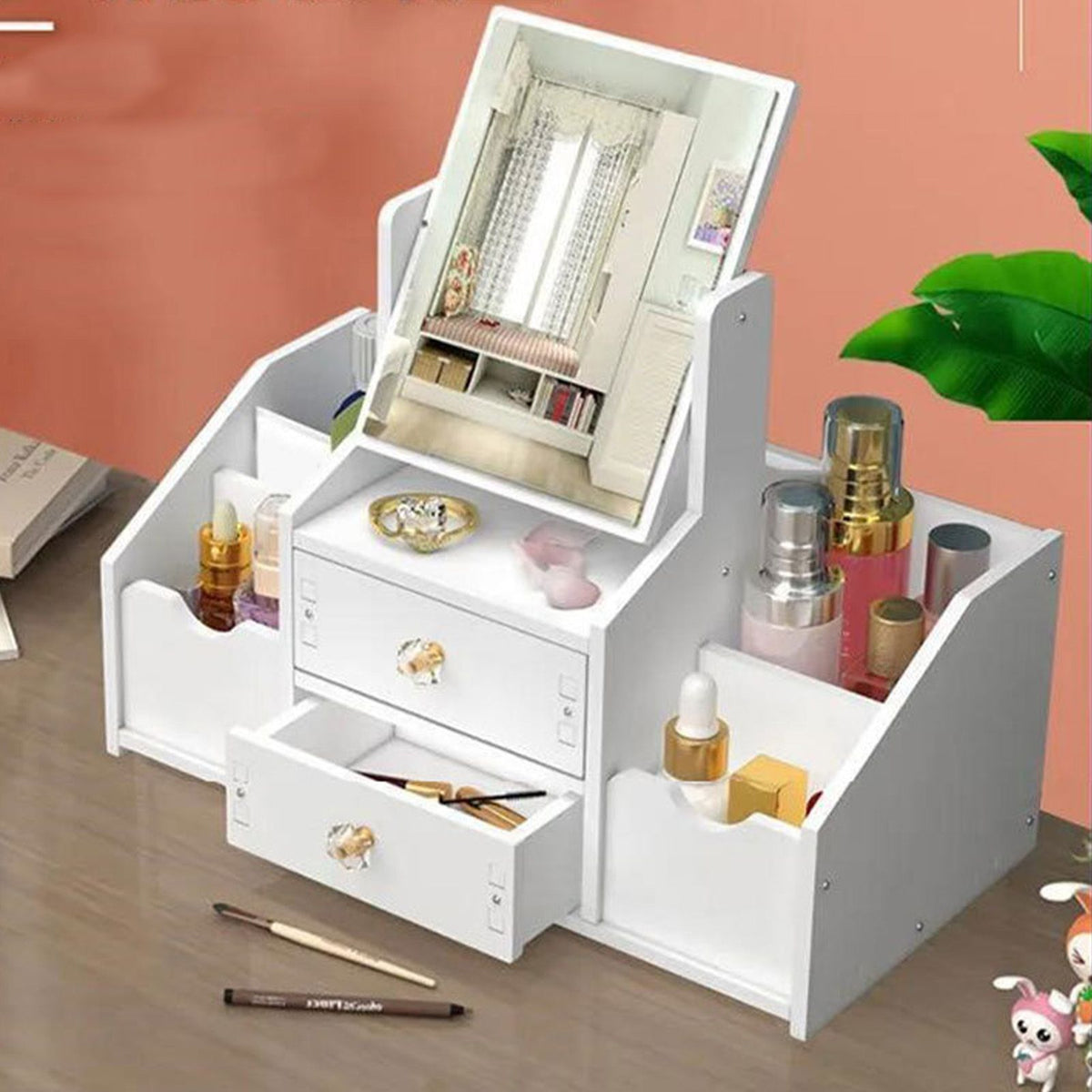 Cosmetic Storage Drawer Large Capacity Plastic Drawer Stationery Container with Mirror White