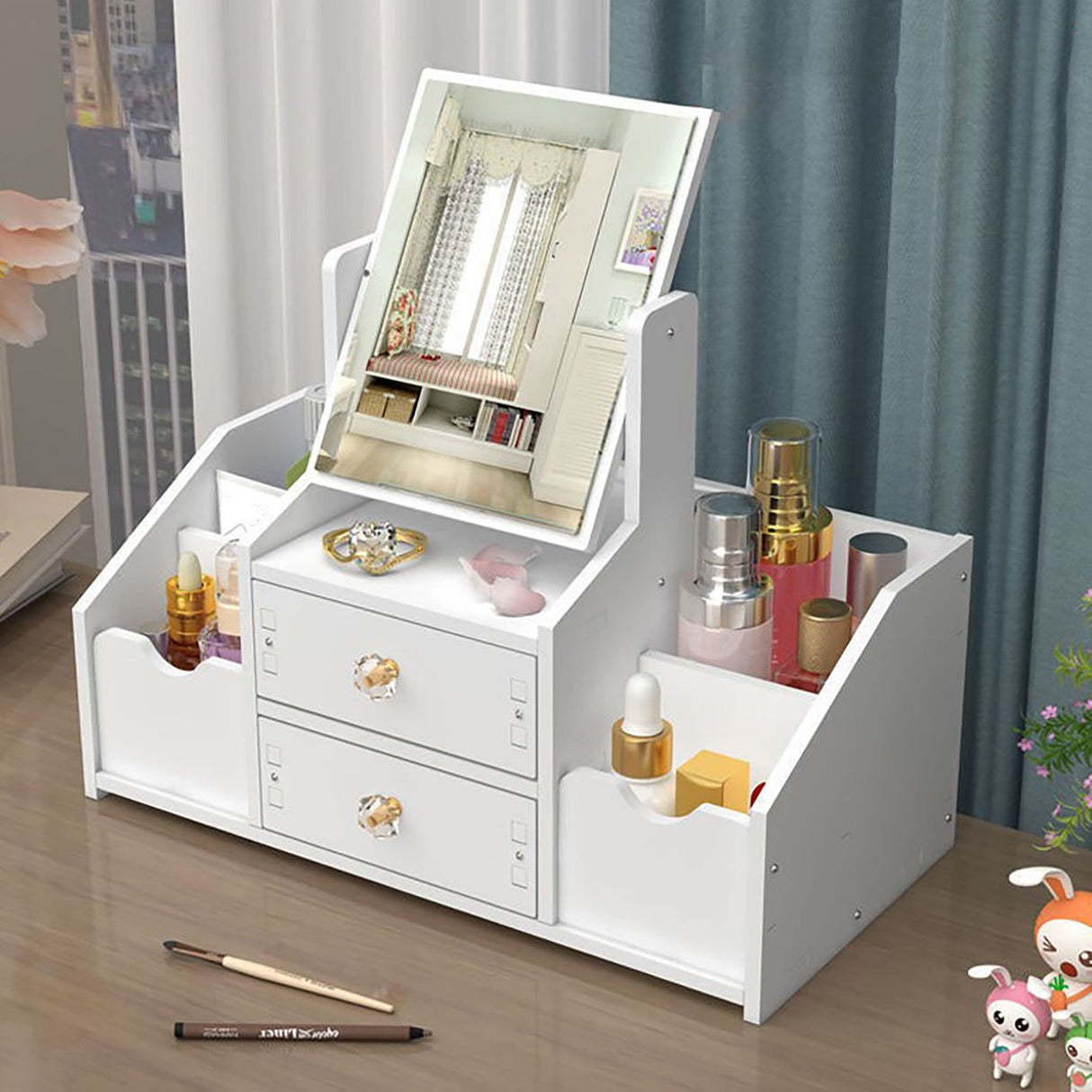 Cosmetic Storage Drawer Large Capacity Plastic Drawer Stationery Container with Mirror White