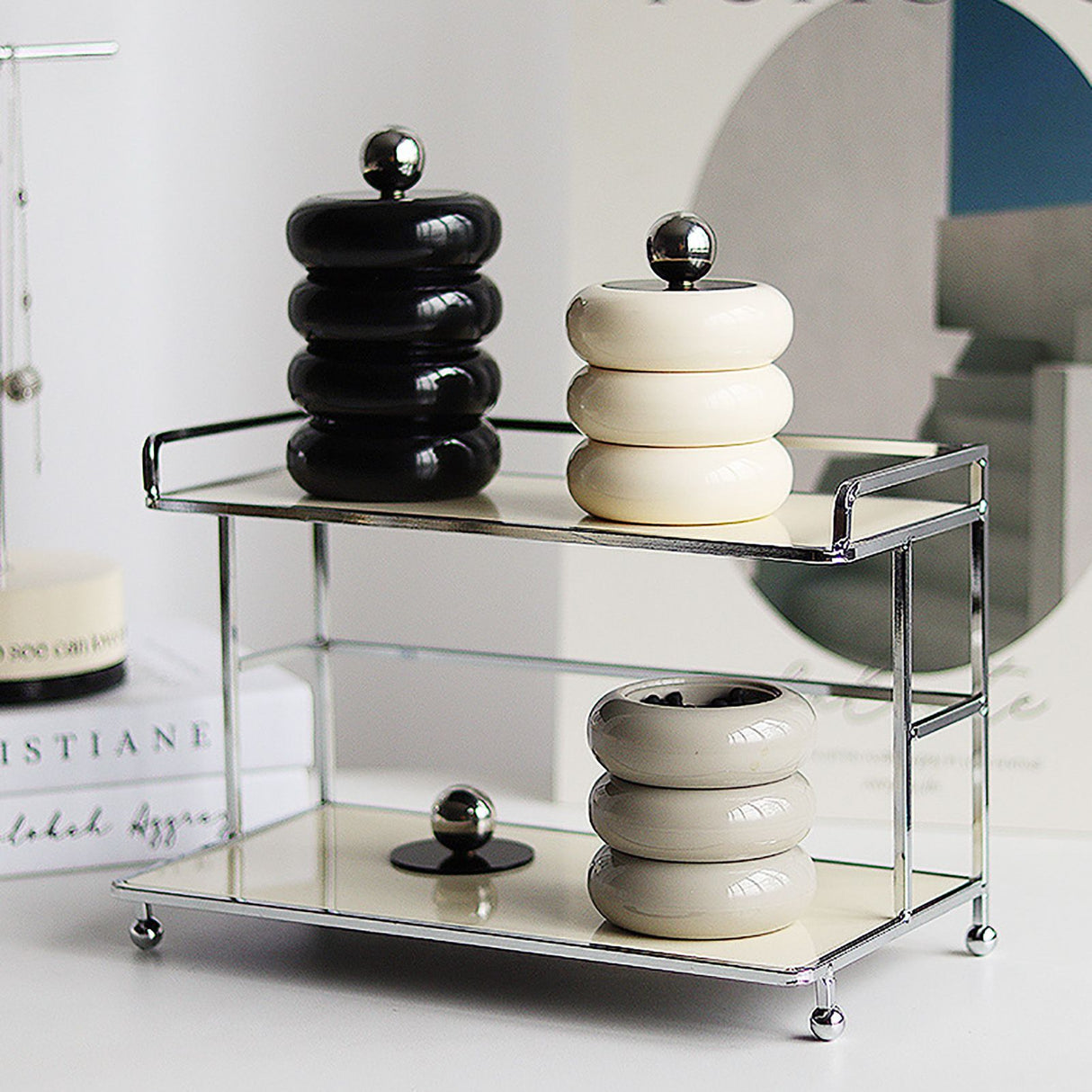 Nordic Style Qtip Holder Dispenser Desktop Dustproof Cotton Swab Storage Container Doughnut Shape Makeup Storage Box with Lid Black 4 Layers
