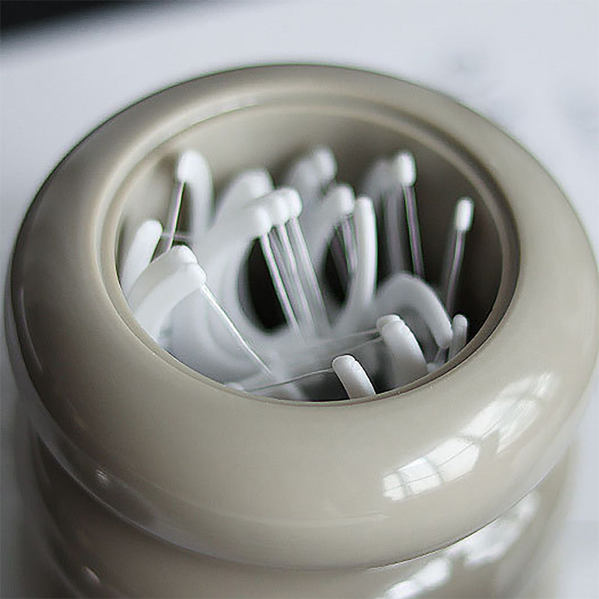 Nordic Style Qtip Holder Dispenser Desktop Dustproof Cotton Swab Storage Container Doughnut Shape Makeup Storage Box with Lid Khaki 3 Layers