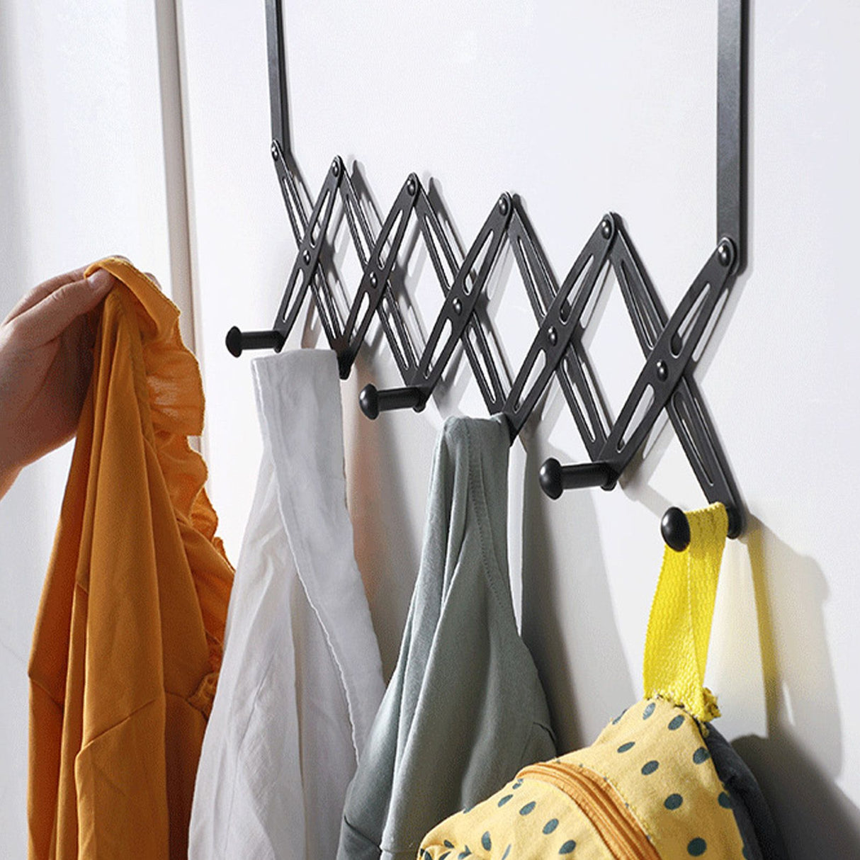 Over Door Hooks Expandable Stainless Steel Clothes Coat Rack for Bedroom Indoor 6 Hangers Black