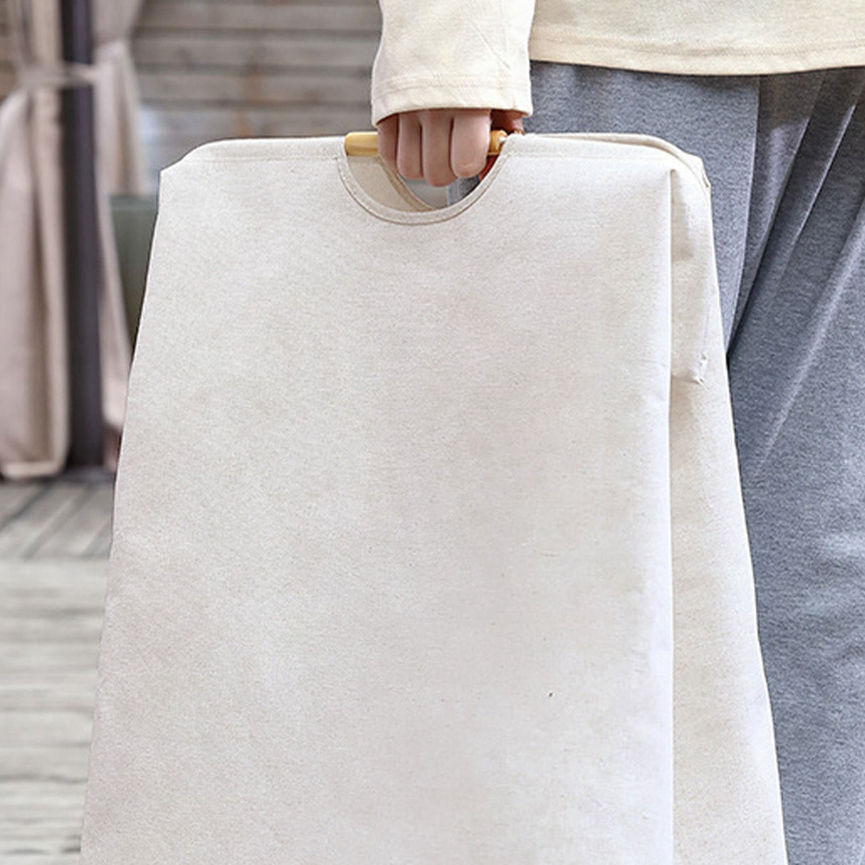 Large Laundry Basket Waterproof Collapsible Laundry Hamper with Wooden Handle for Household Bathroom L 56cm