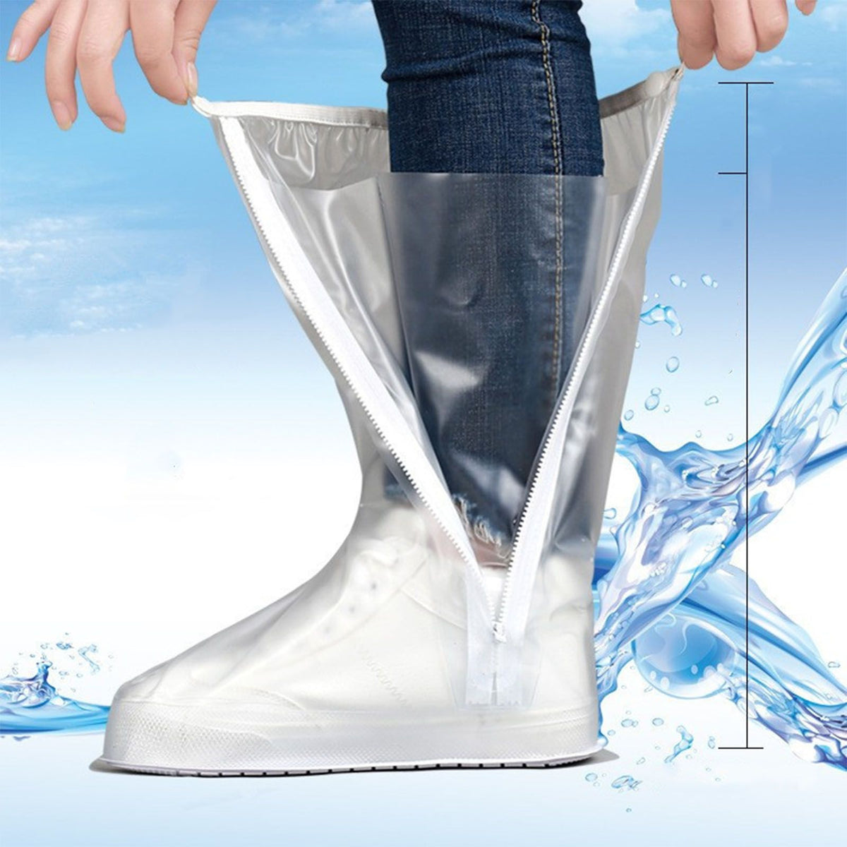 Transparent Knee High Rain Shoe Cover Reusable Waterproof Shoe Cover with Side Zipper for Men Women L