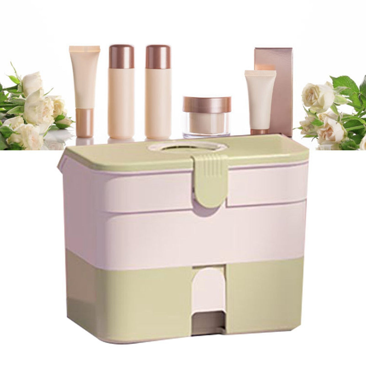 Cosmetic Storage Box 2 Layers Drawer Large Capacity Portable Makeup Storage Box with Handle for Nail Polish Nail Art Green