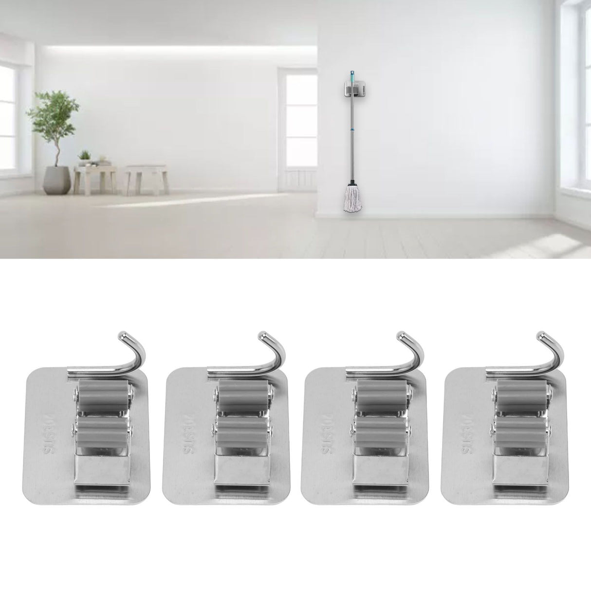 4Pcs Silver Mop Broom Holder with Hook Wall Mounted 304 Stainless Steel Mop Clip Holder