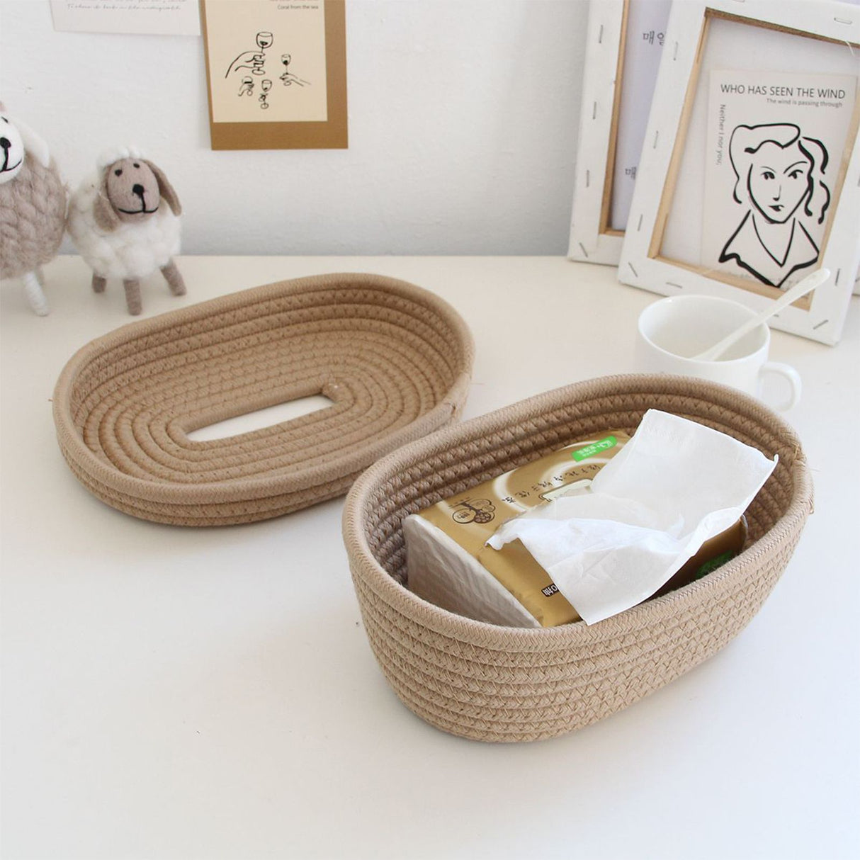 Tissue Box Cover Handmade Cotton Rope Napkin Tissue Holder Decorative Household Desktop Tissue Storage Box Khaki