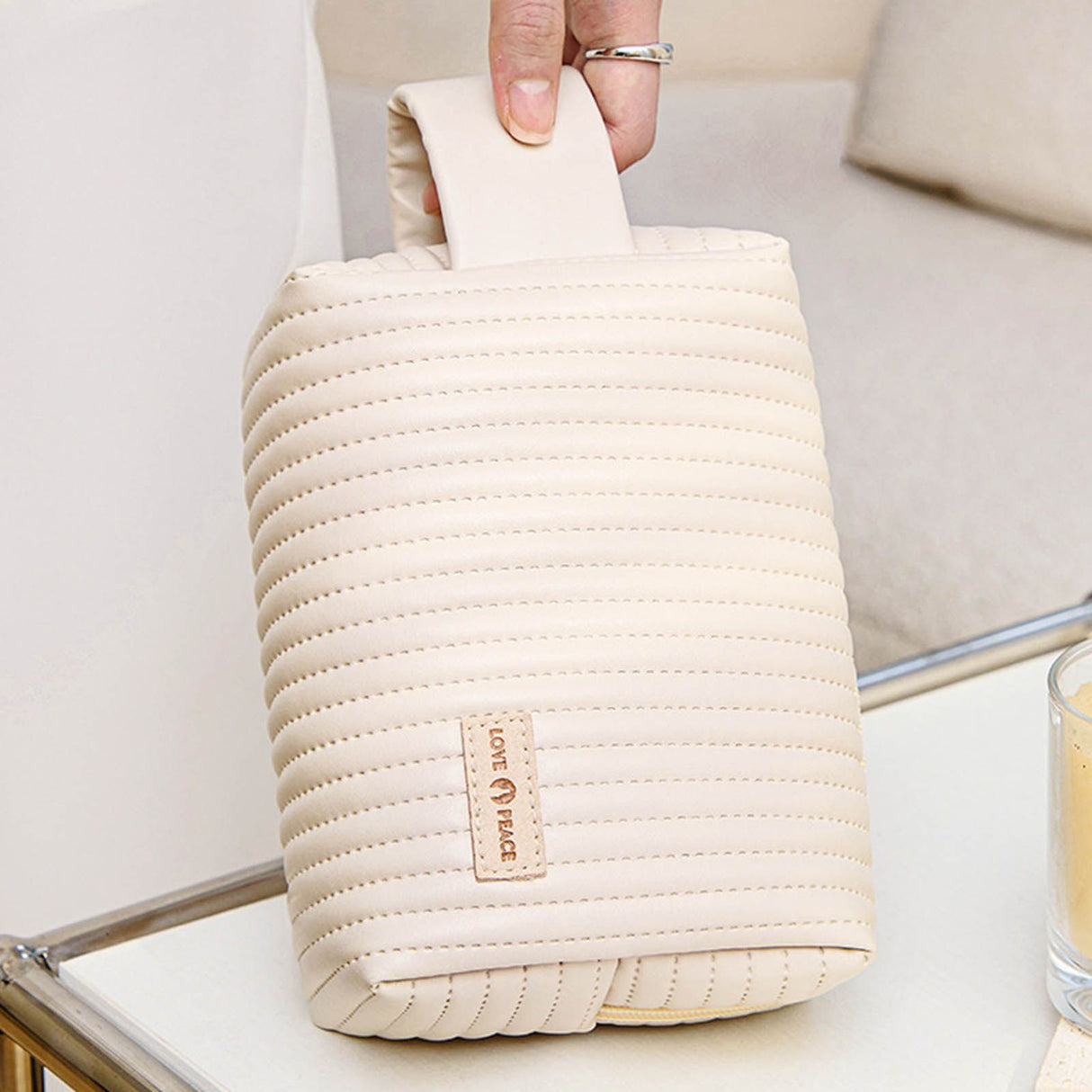 Makeup Cosmetic Bags with Handle Zipper Large Capacity Soft PU Leather Portable Travel Toiletry Bag Beige