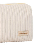 Makeup Cosmetic Bags with Handle Zipper Large Capacity Soft PU Leather Portable Travel Toiletry Bag Beige - Close-Up Angle