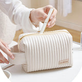 Makeup Cosmetic Bags with Handle Zipper Large Capacity Soft PU Leather Portable Travel Toiletry Bag Beige