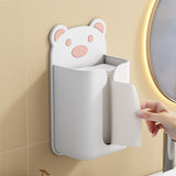 Wall Mounted Tissue Box Punching Free Cute Bear Pattern Plastic Tissue Dispenser for Home Bathroom White Bear Pink