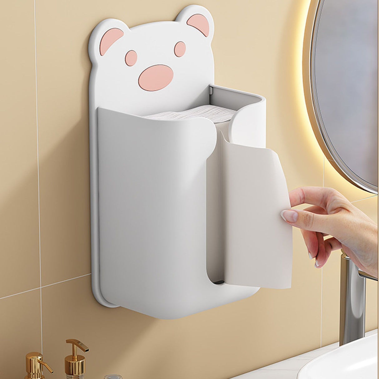 Wall Mounted Tissue Box Punching Free Cute Bear Pattern Plastic Tissue Dispenser for Home Bathroom White Bear Pink