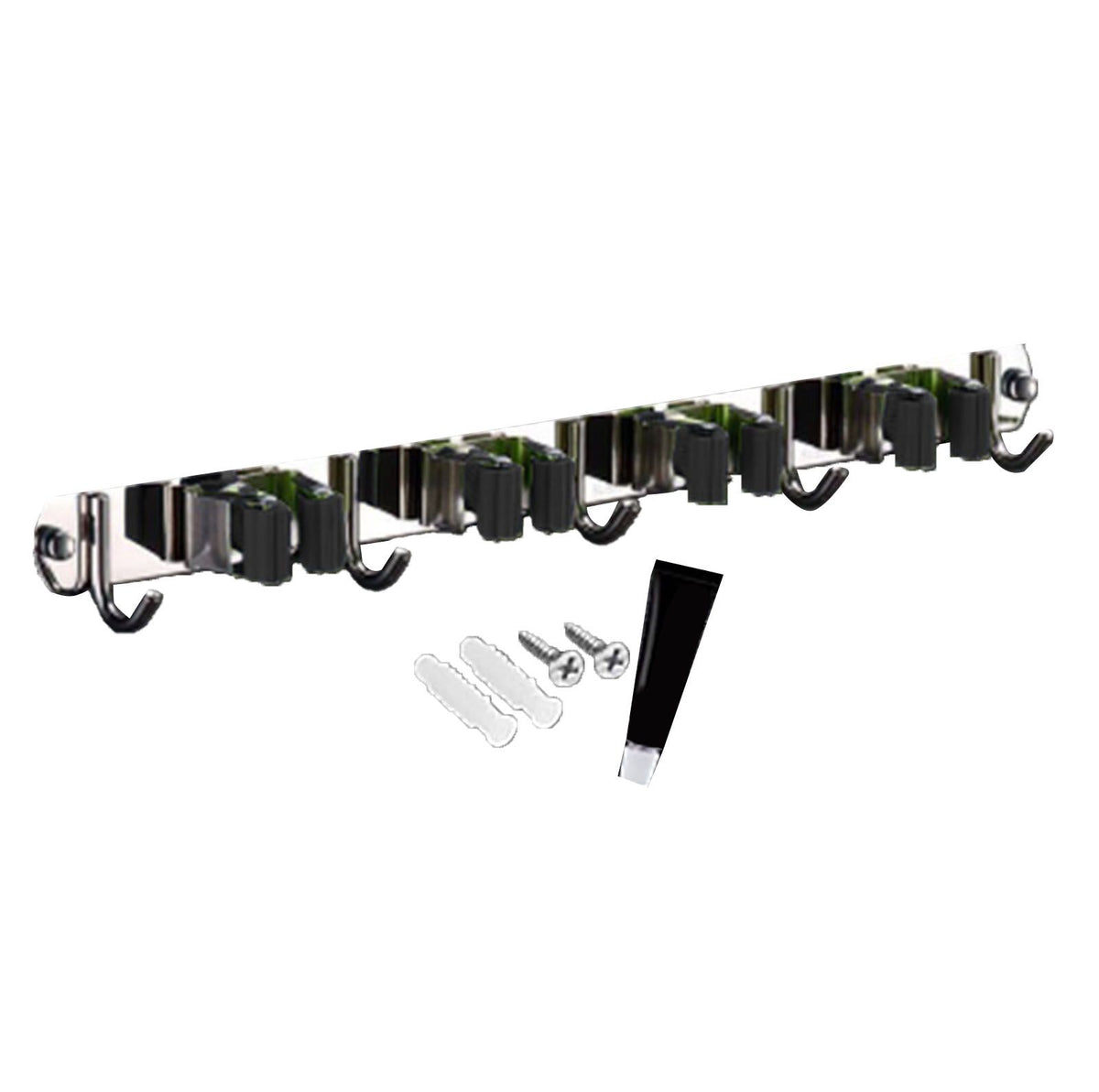 Punch Free Wall Mount Mop Broom Holder 4 Clips 5 Hooks Stainless Steel Mop Broom Holder Black