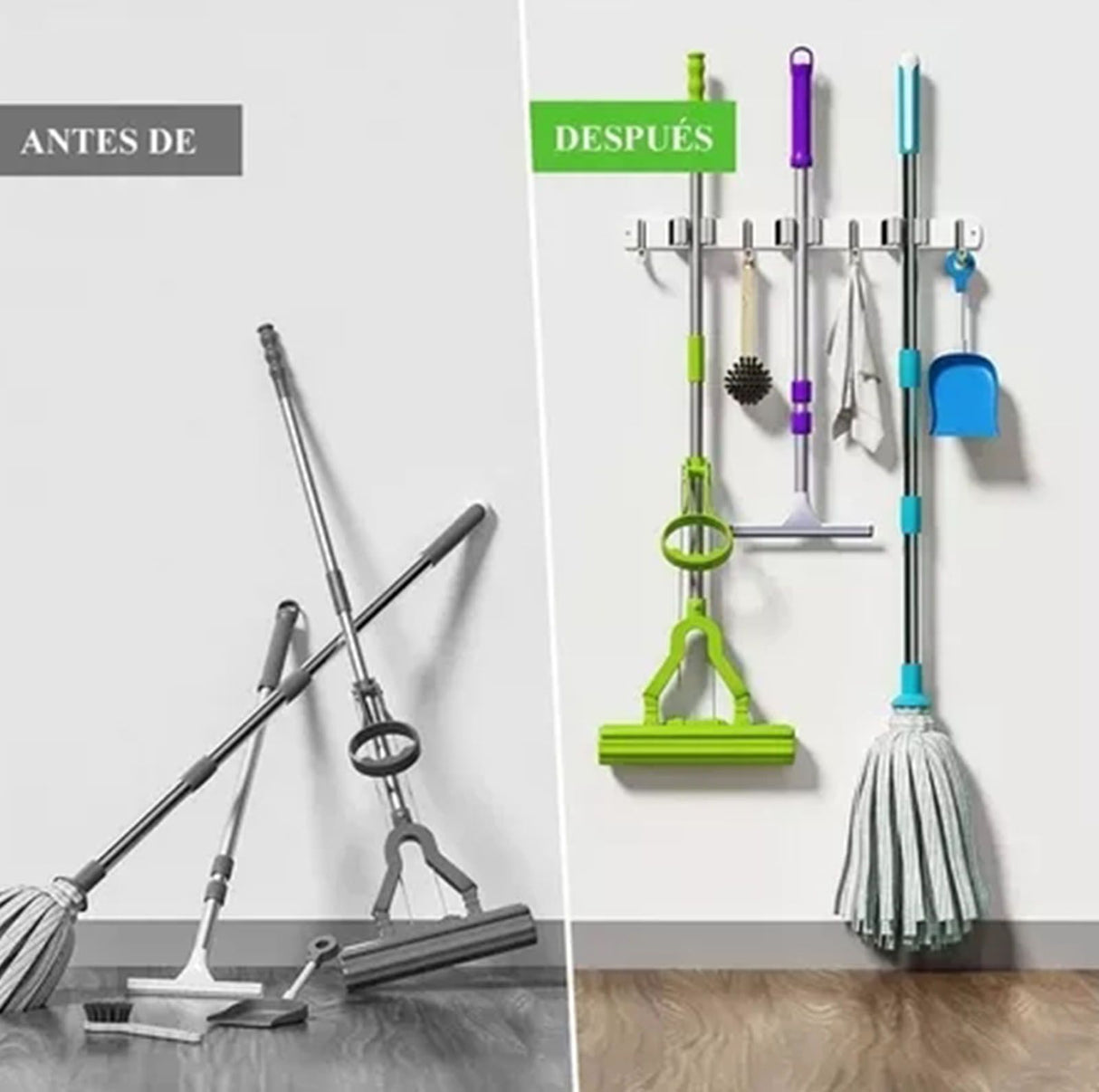 Punch Free Wall Mount Mop Broom Holder 4 Clips 5 Hooks Stainless Steel Mop Broom Holder Black