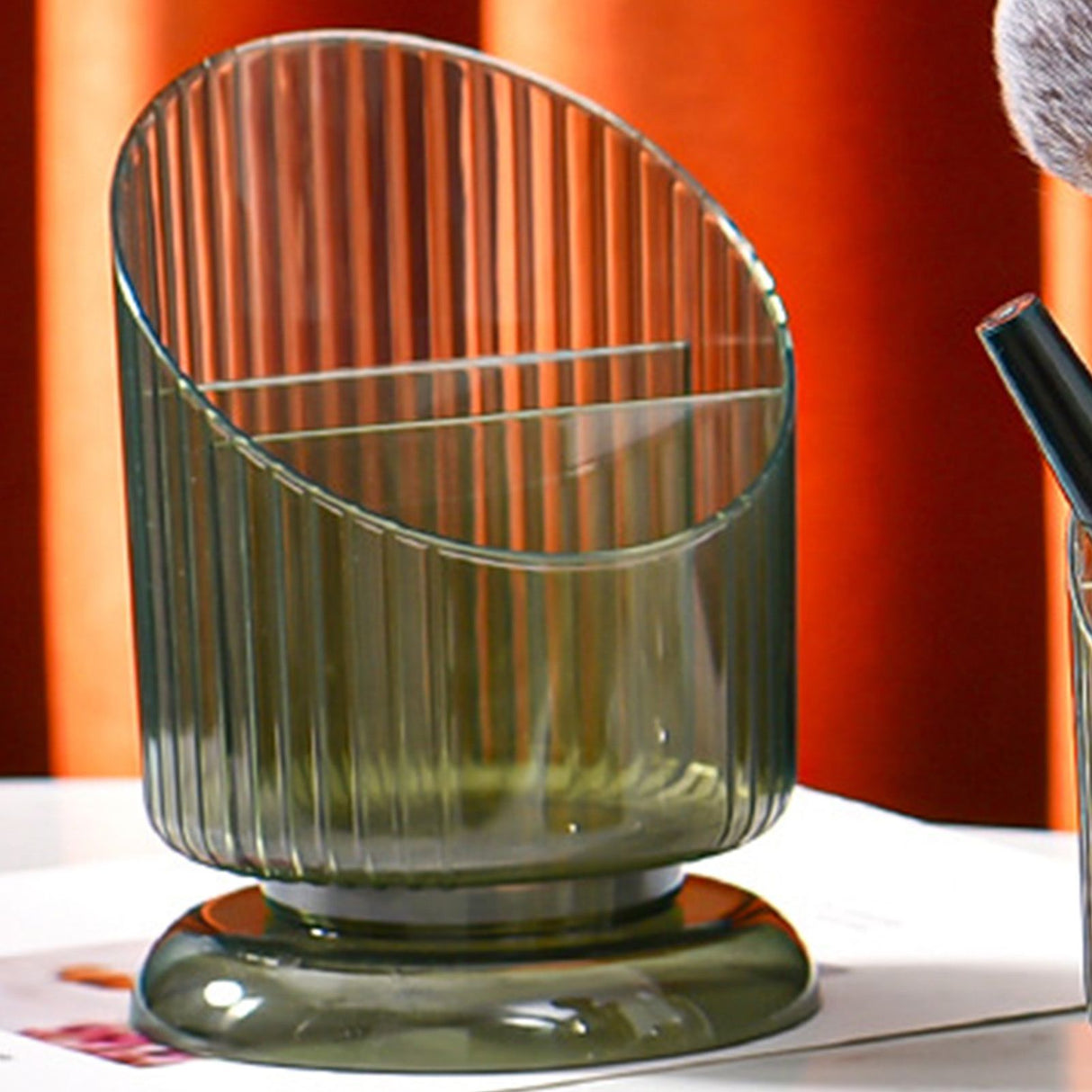 Makeup Brush Holder Organizer Plastic Transparent Round Makeup Brush Storage Holder Cup for Pen Pencil Green Free Size