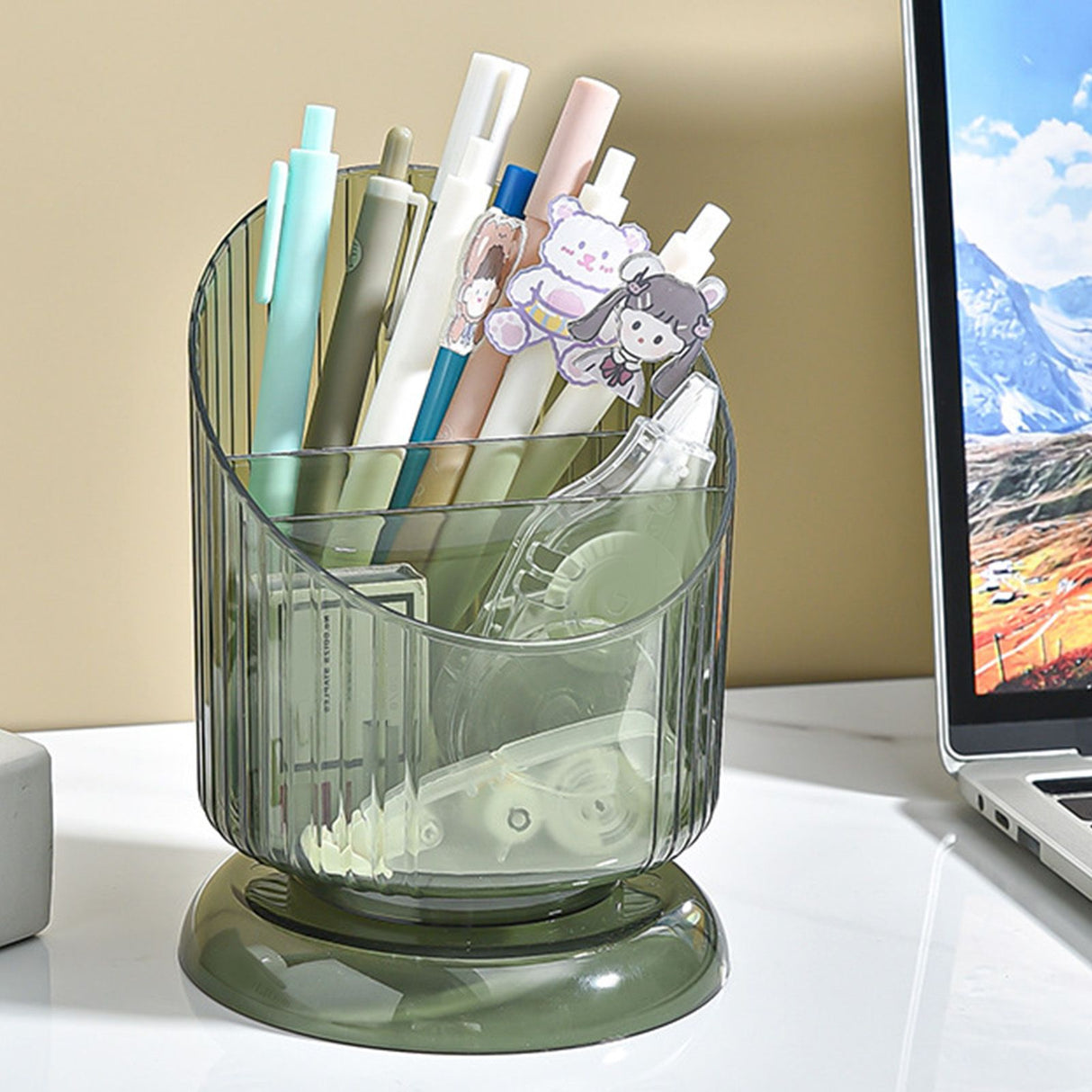 Makeup Brush Holder Organizer Plastic Transparent Round Makeup Brush Storage Holder Cup for Pen Pencil Green Free Size