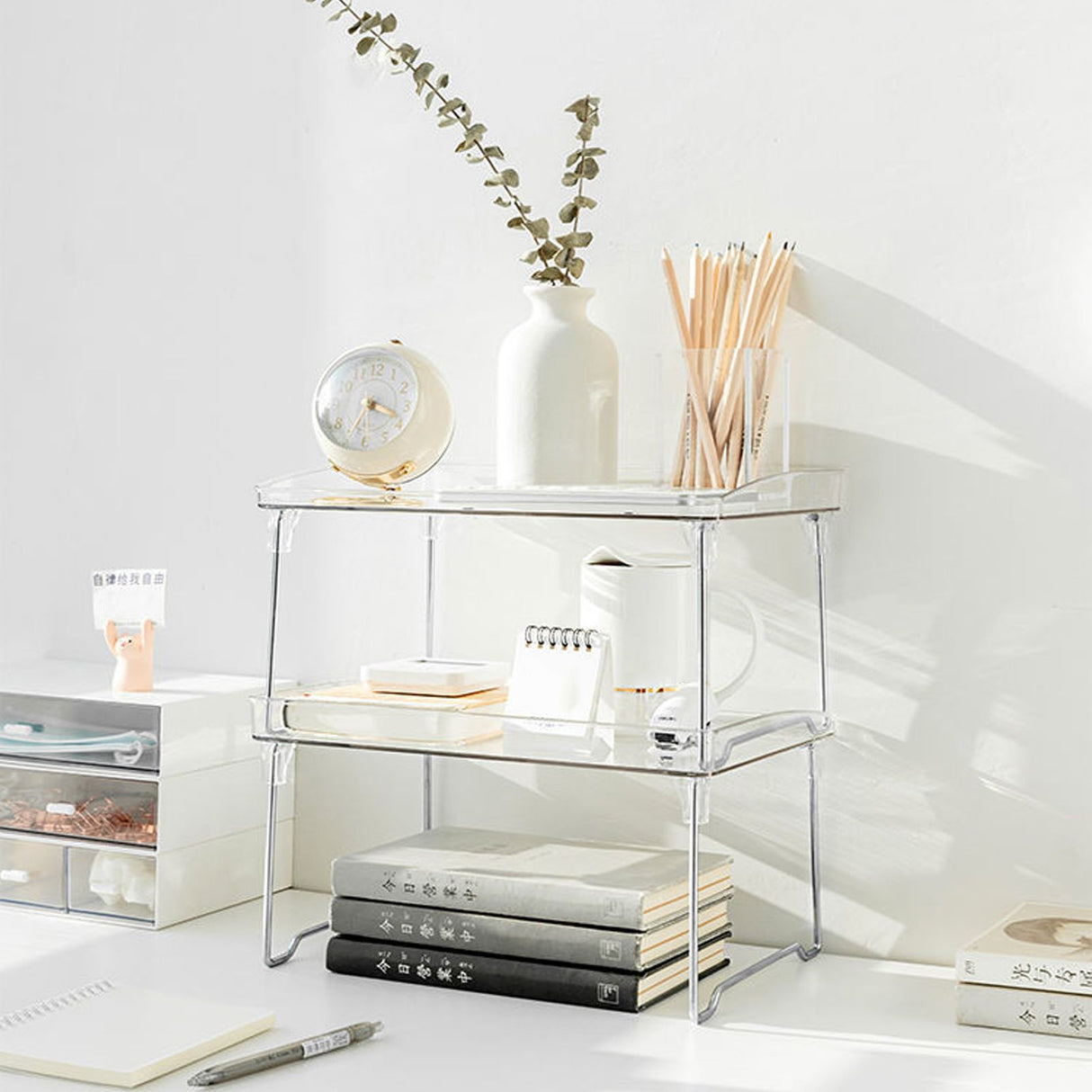 Stackable Clear Organizer Plastic Transparent Tabletop Storage Rack for Makeup Kitchen Tool Stationery One Tier Free Size
