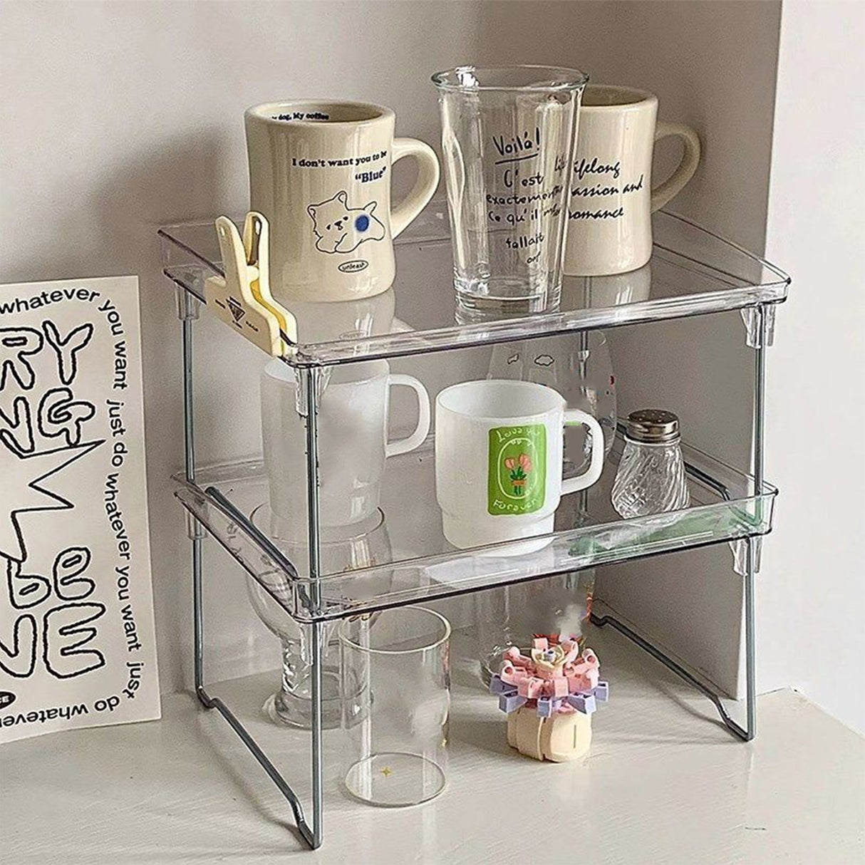 Stackable Clear Organizer Plastic Transparent Tabletop Storage Rack for Makeup Kitchen Tool Stationery One Tier Free Size