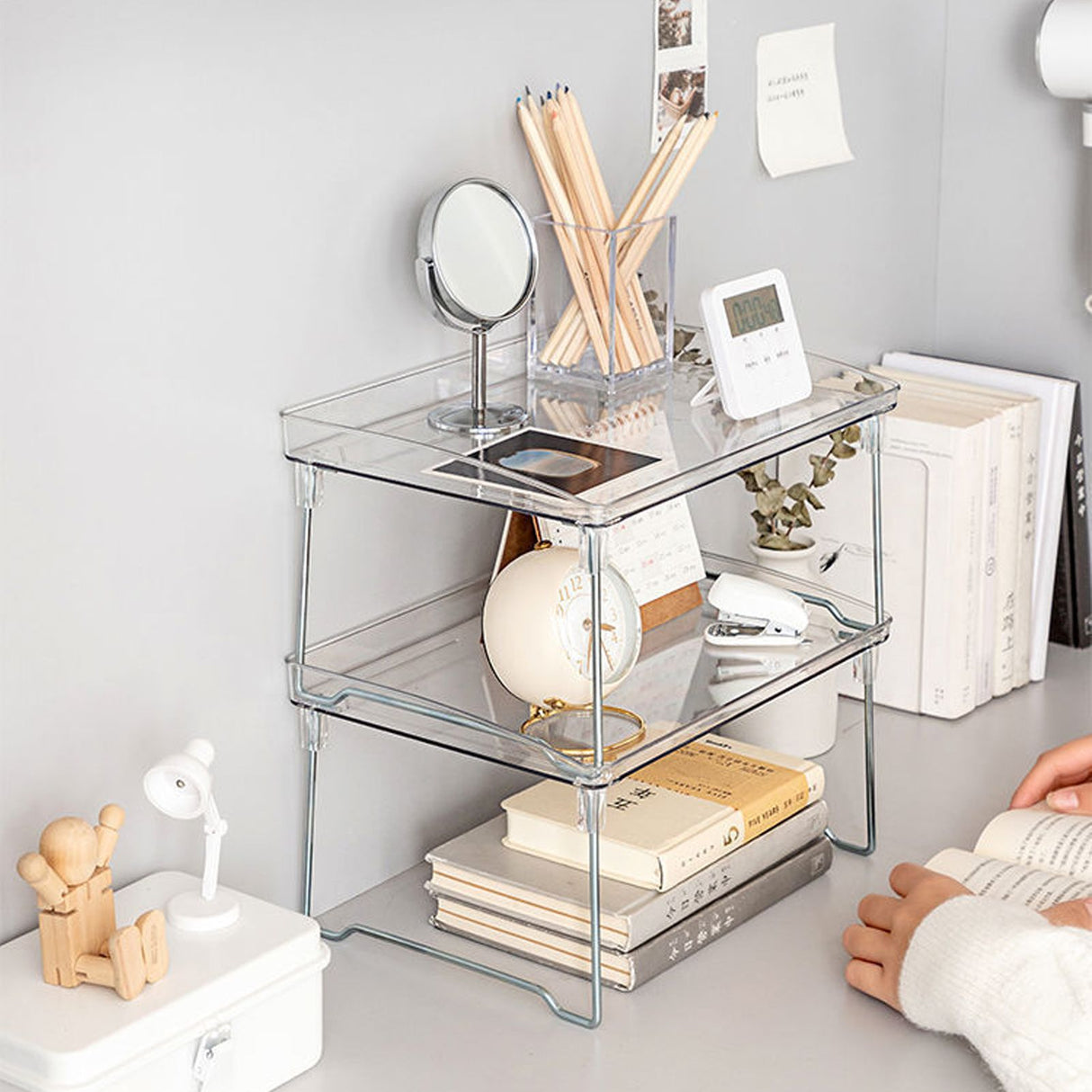 Stackable Clear Organizer Plastic Transparent Tabletop Storage Rack for Makeup Kitchen Tool Stationery One Tier Free Size