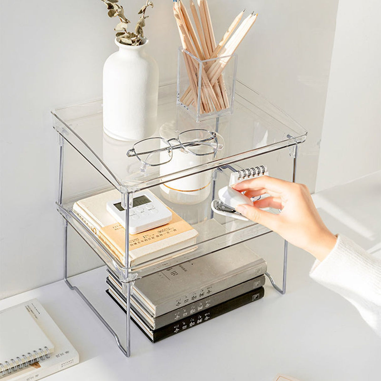 Stackable Clear Organizer Plastic Transparent Tabletop Storage Rack for Makeup Kitchen Tool Stationery One Tier Free Size