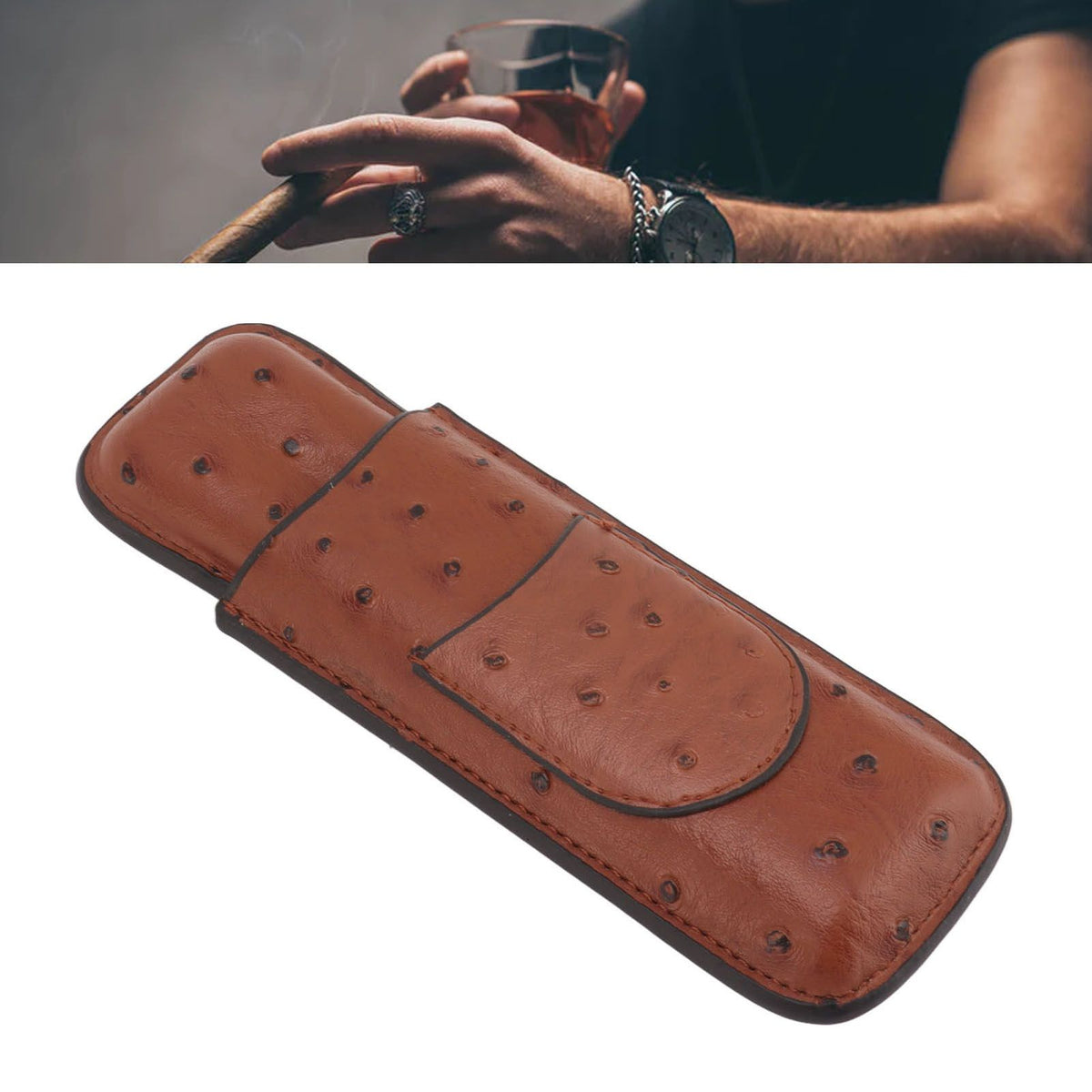 Cigar Case Holder PU Leather Brown 2 Finger Cigar Carrying Case with Front Pocket Portable for Anniversary Father's Day Gift