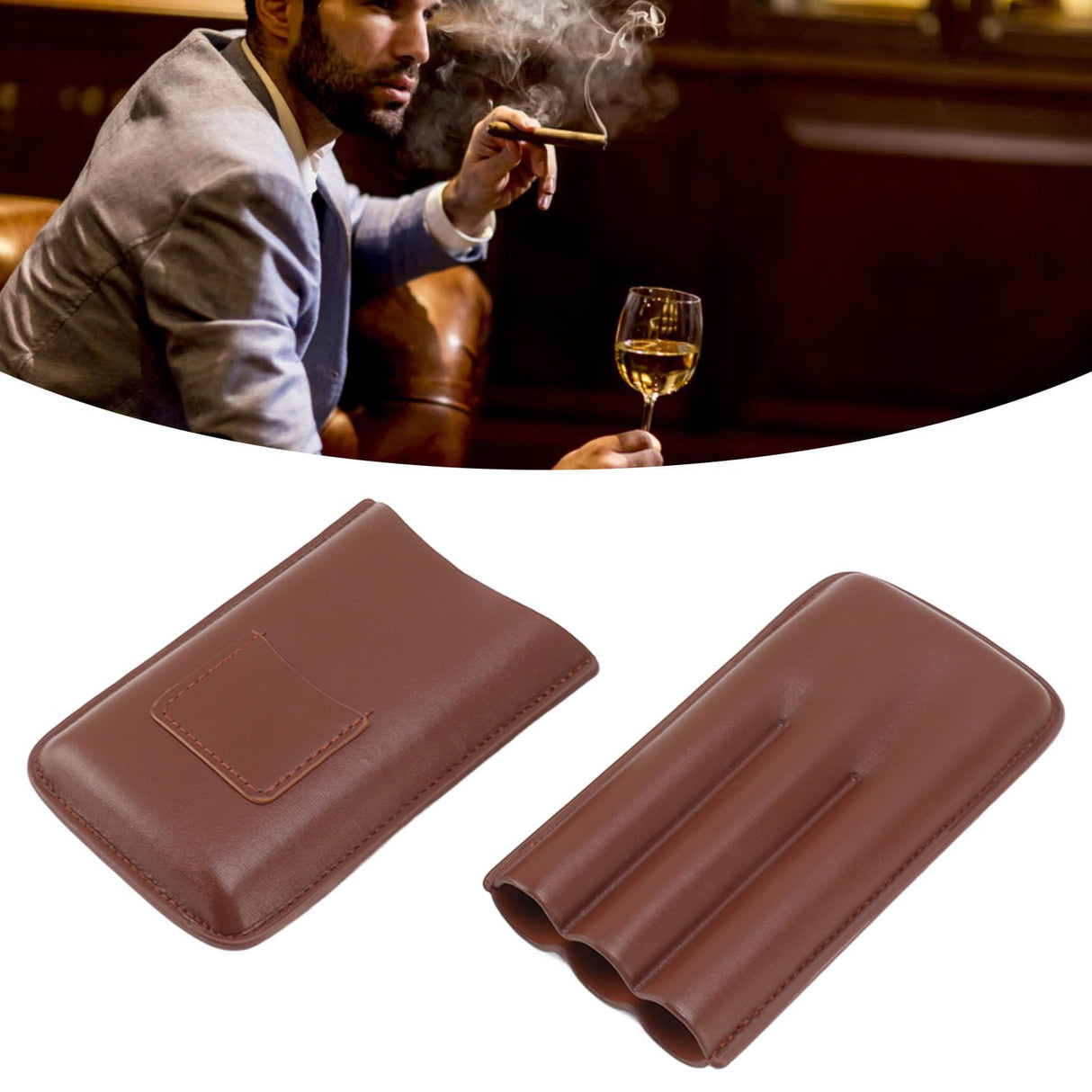 Leather Cigar Case Portable 3 Finger Cigar Humidor Carrying Case with Cutter Pocket for Cigar Lovers Brown