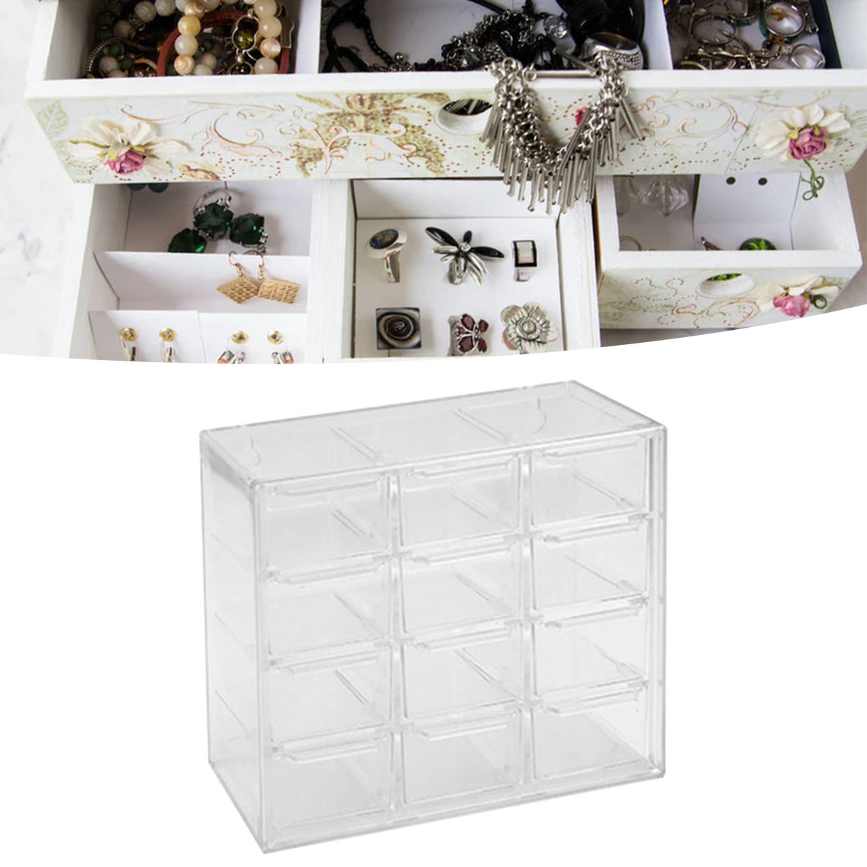 Grid Storage Box Dustproof Transparent Plastic Container Organizer for Jewelry Necklace DIY Art Craft 12 Compartments
